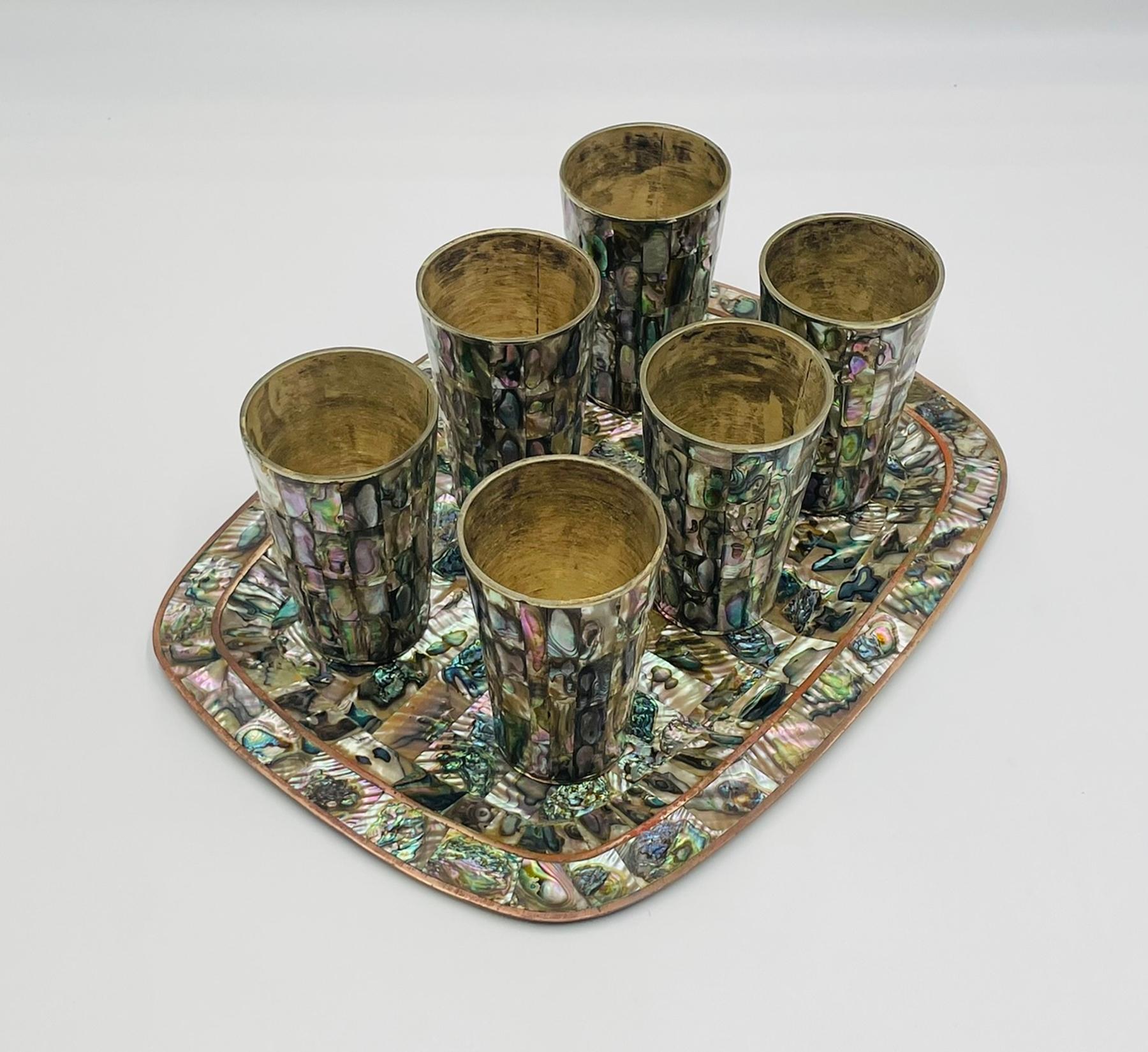 Hand-Crafted 1950s Mexican Brass & Abalone Shell Tray with Five Alpaca Tumblers, Signed LMG For Sale