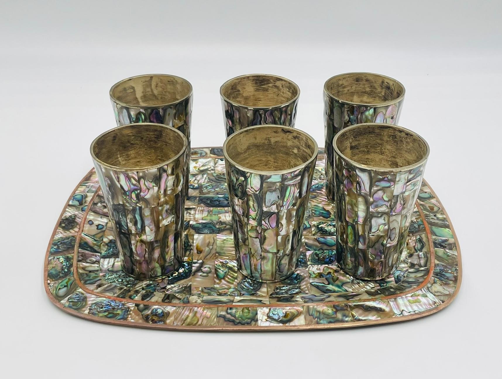 1950s Mexican Brass & Abalone Shell Tray with Five Alpaca Tumblers, Signed LMG In Good Condition For Sale In Los Angeles, CA