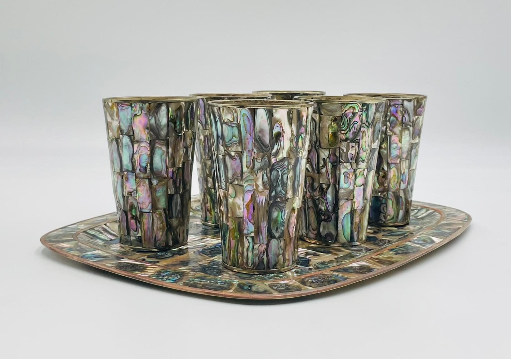 Mid-20th Century 1950s Mexican Brass & Abalone Shell Tray with Five Alpaca Tumblers, Signed LMG For Sale