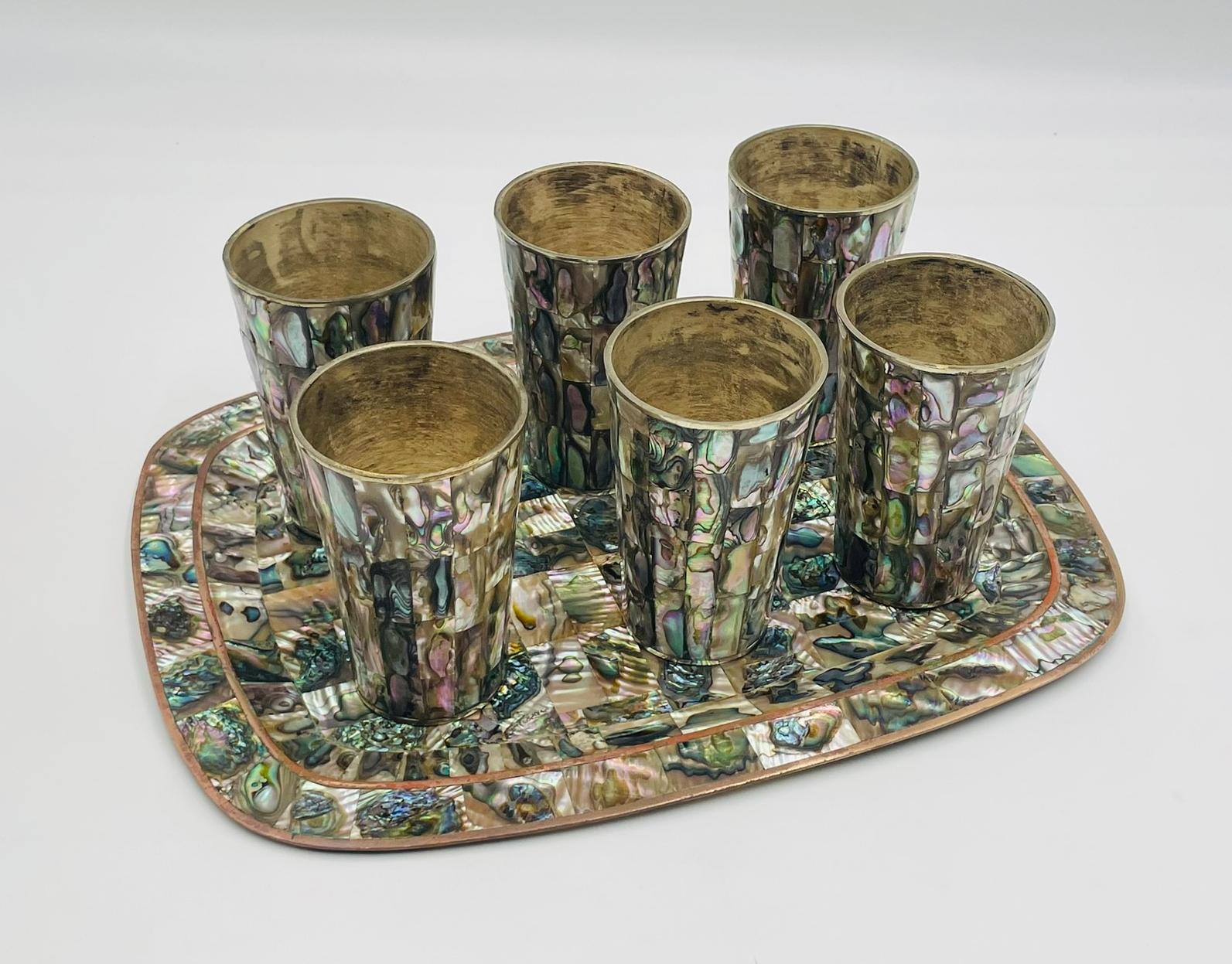 1950s Mexican Brass & Abalone Shell Tray with Five Alpaca Tumblers, Signed LMG For Sale 1