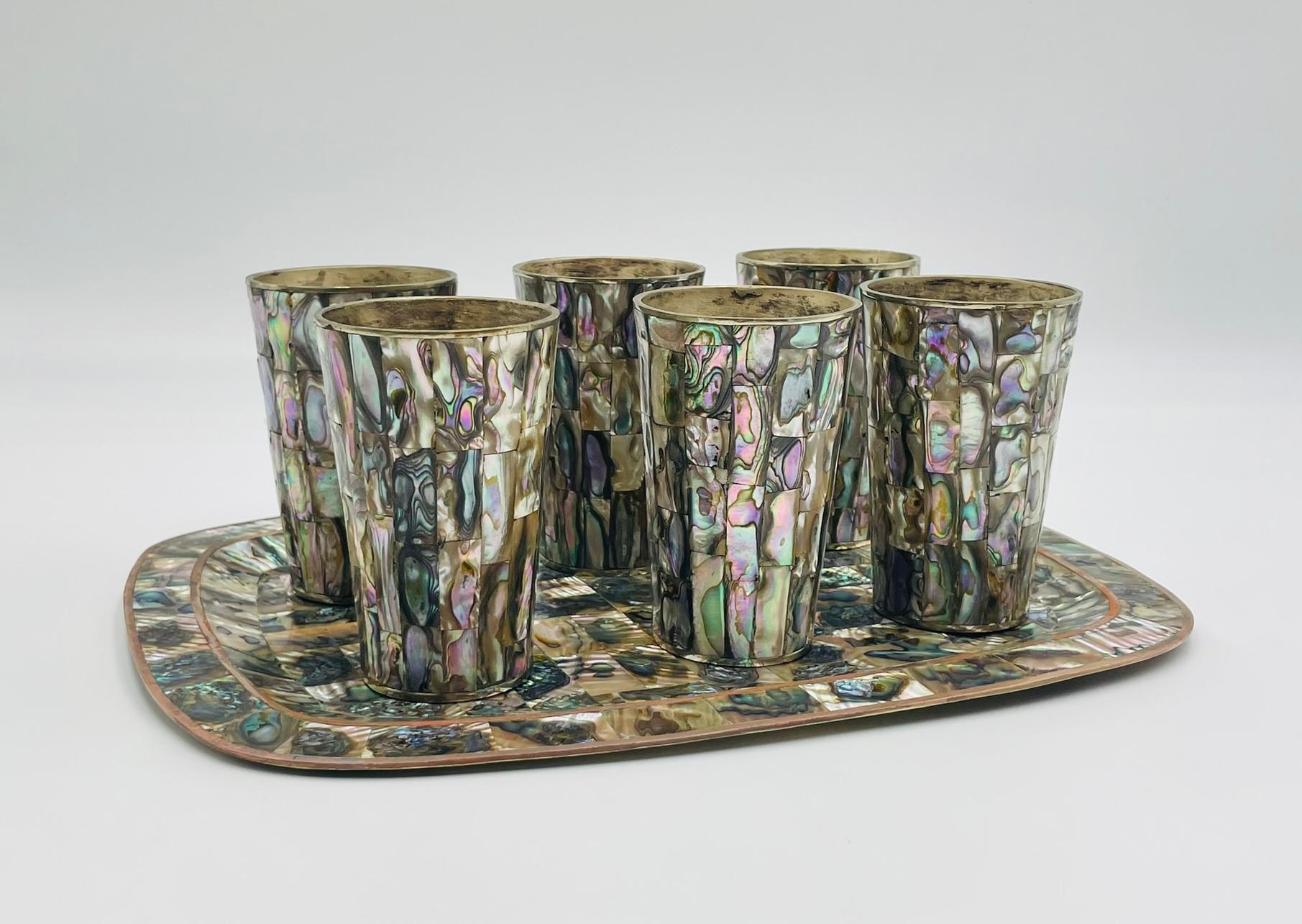 1950s Mexican Brass & Abalone Shell Tray with Five Alpaca Tumblers, Signed LMG For Sale 2