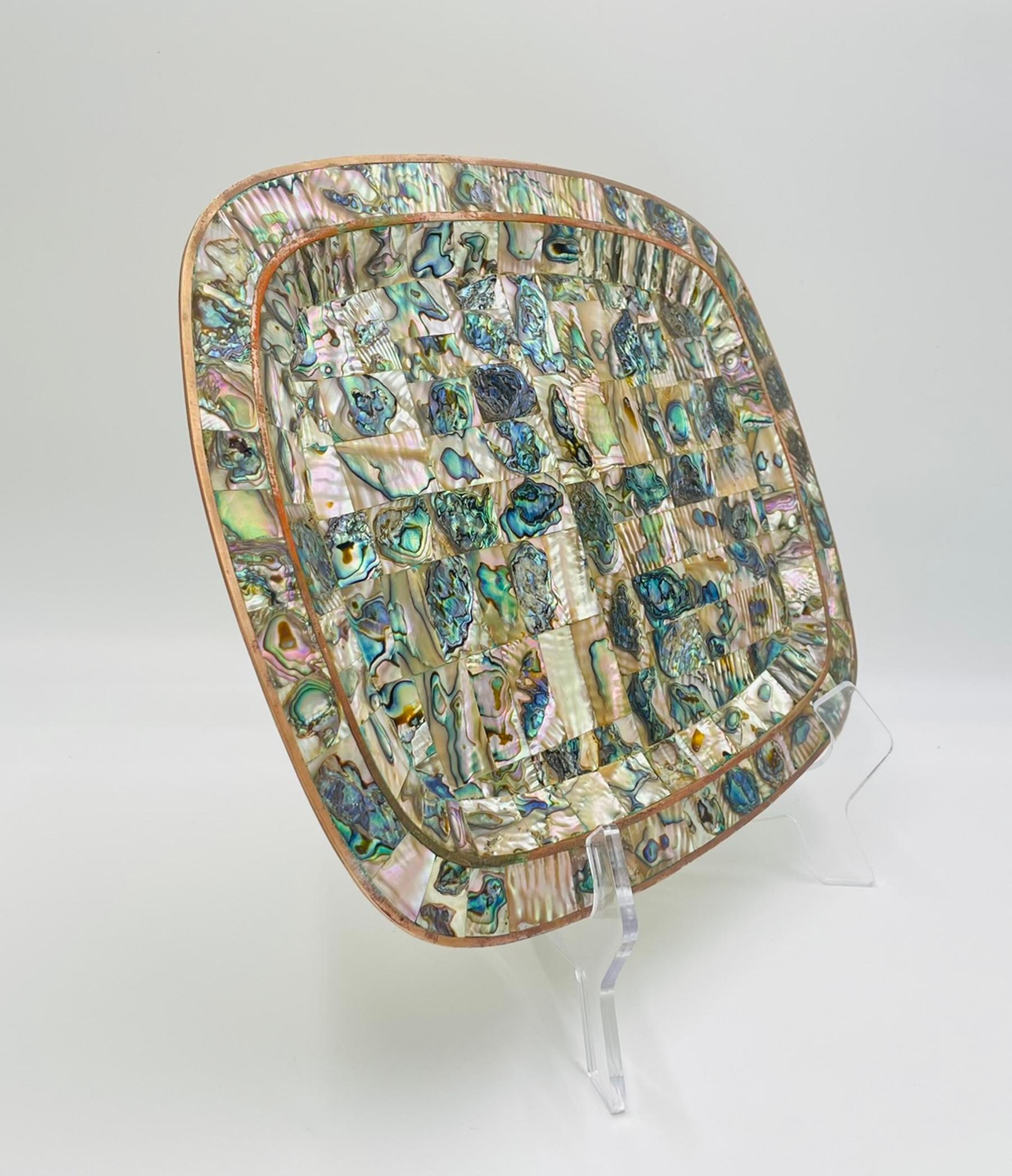 1950s Mexican Brass & Abalone Shell Tray with Five Alpaca Tumblers, Signed LMG For Sale 3