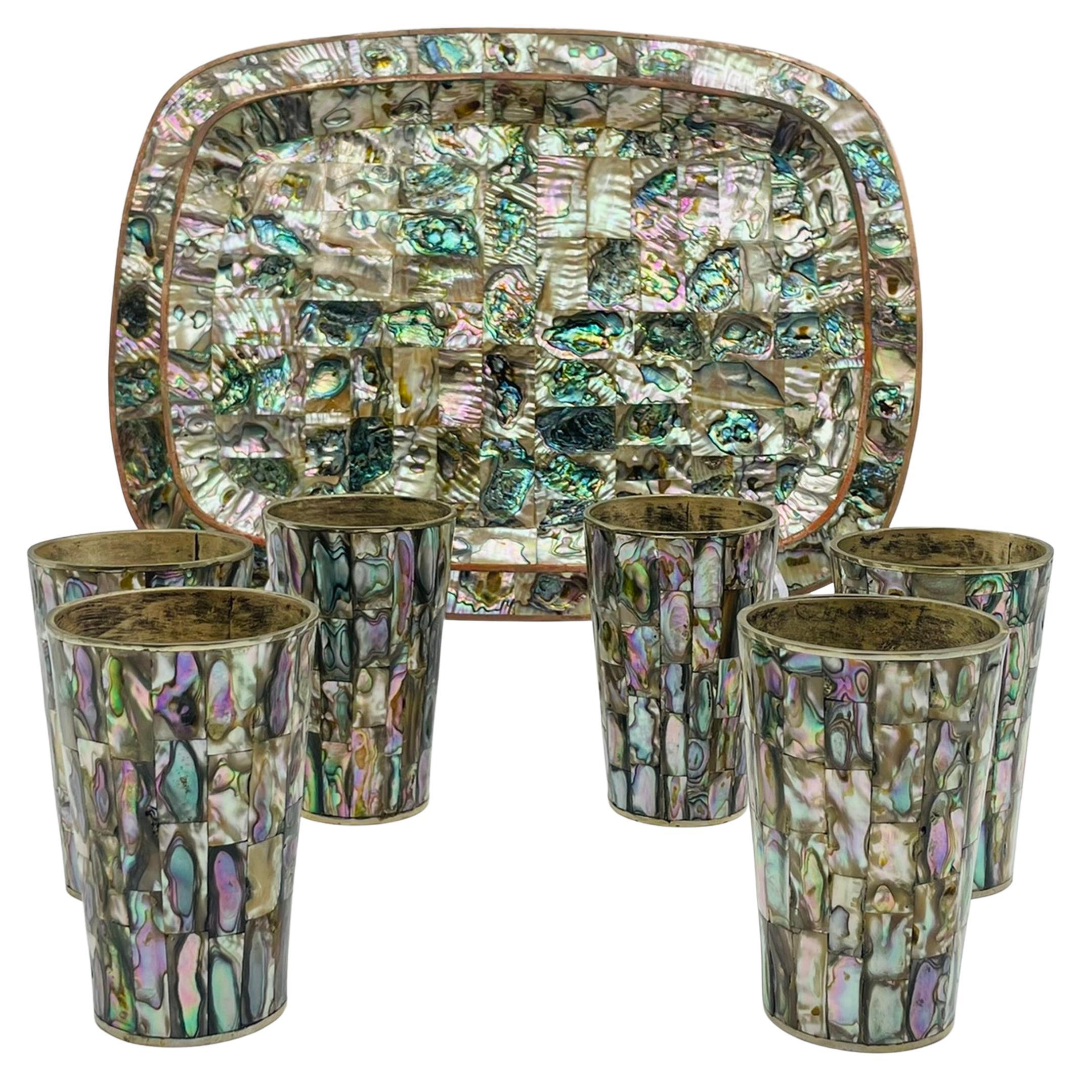 1950s Mexican Brass & Abalone Shell Tray with Five Alpaca Tumblers, Signed LMG For Sale