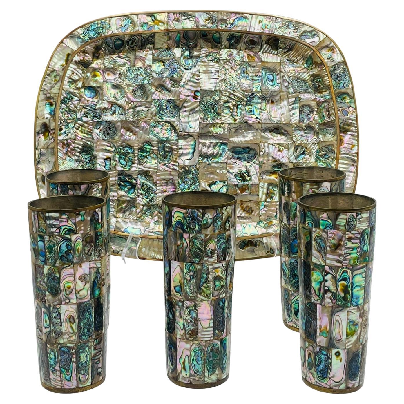 1950s Mexican Brass & Abalone Shell Tray with Five Tumblers, Mexican Modernism