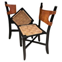 1950s Mexican Folding Chairs Leather & Cane attributed Clara Porset