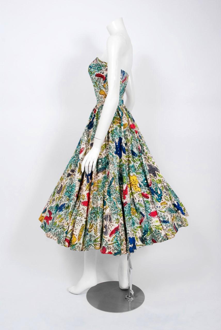 Women's 1950's Mexican Hand Painted Under-The-Sea Sequin Cotton Strapless Full Dress 