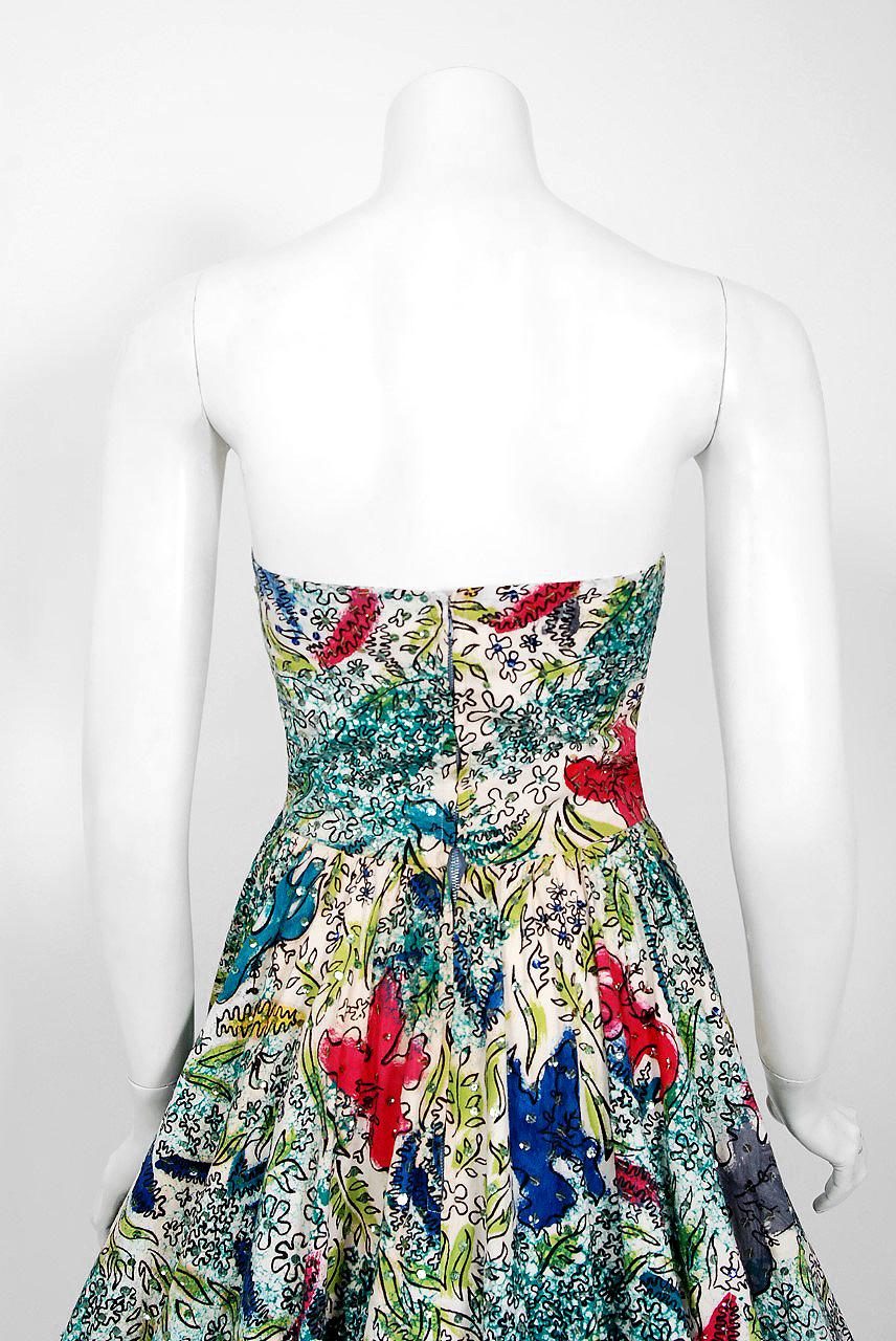 1950's Mexican Hand Painted Under-The-Sea Sequin Cotton Strapless Full Dress  2