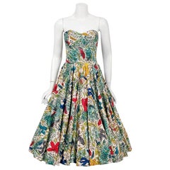 1950's Mexican Hand Painted Under-The-Sea Sequin Cotton Strapless Full Dress 
