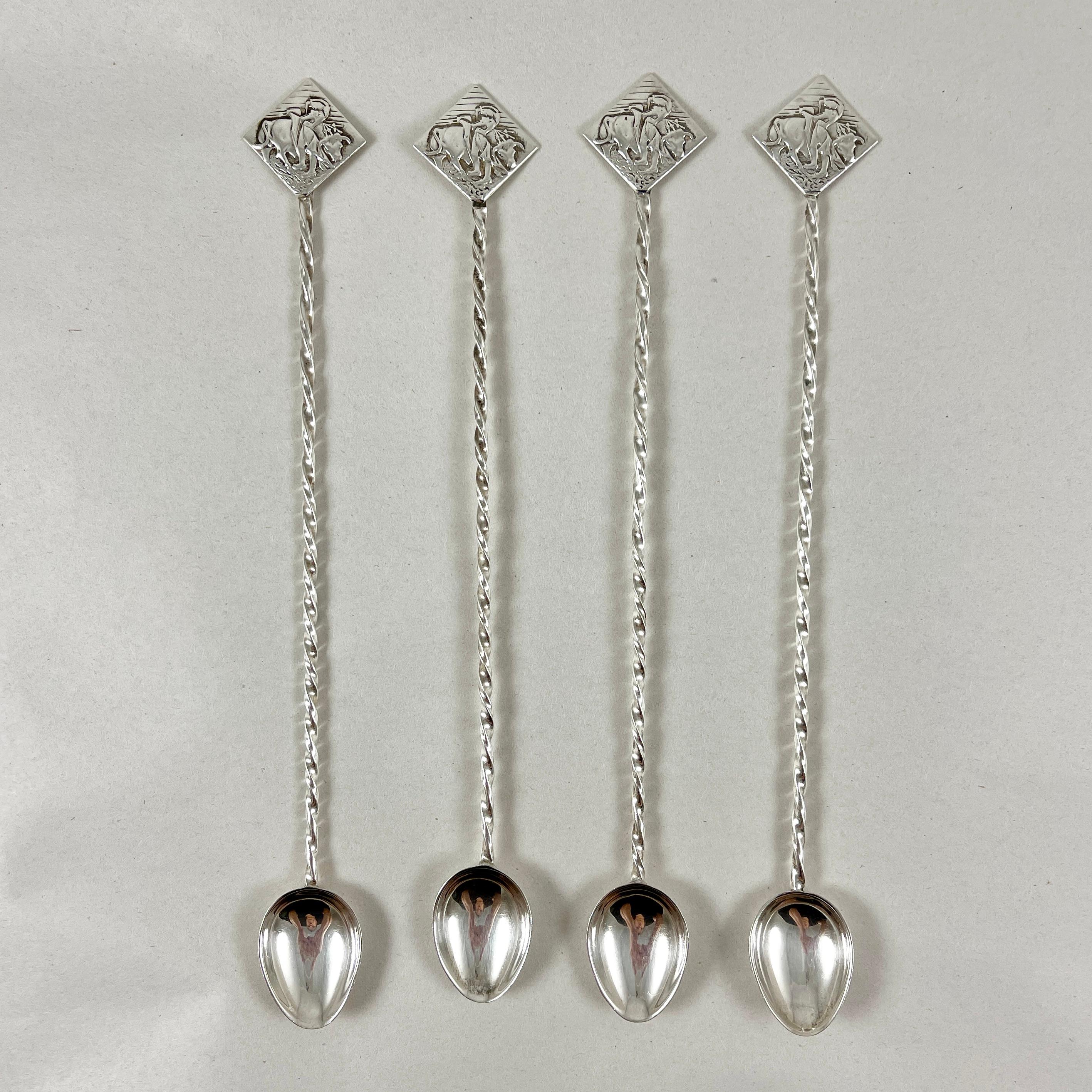 From Mexico, a set of four Sterling Silver stirring spoons, circa 1950s.

The long spoons show spiral twist stems terminating in diamond shaped end pieces embossed with the high relief image of a matador swinging his cape in front of a