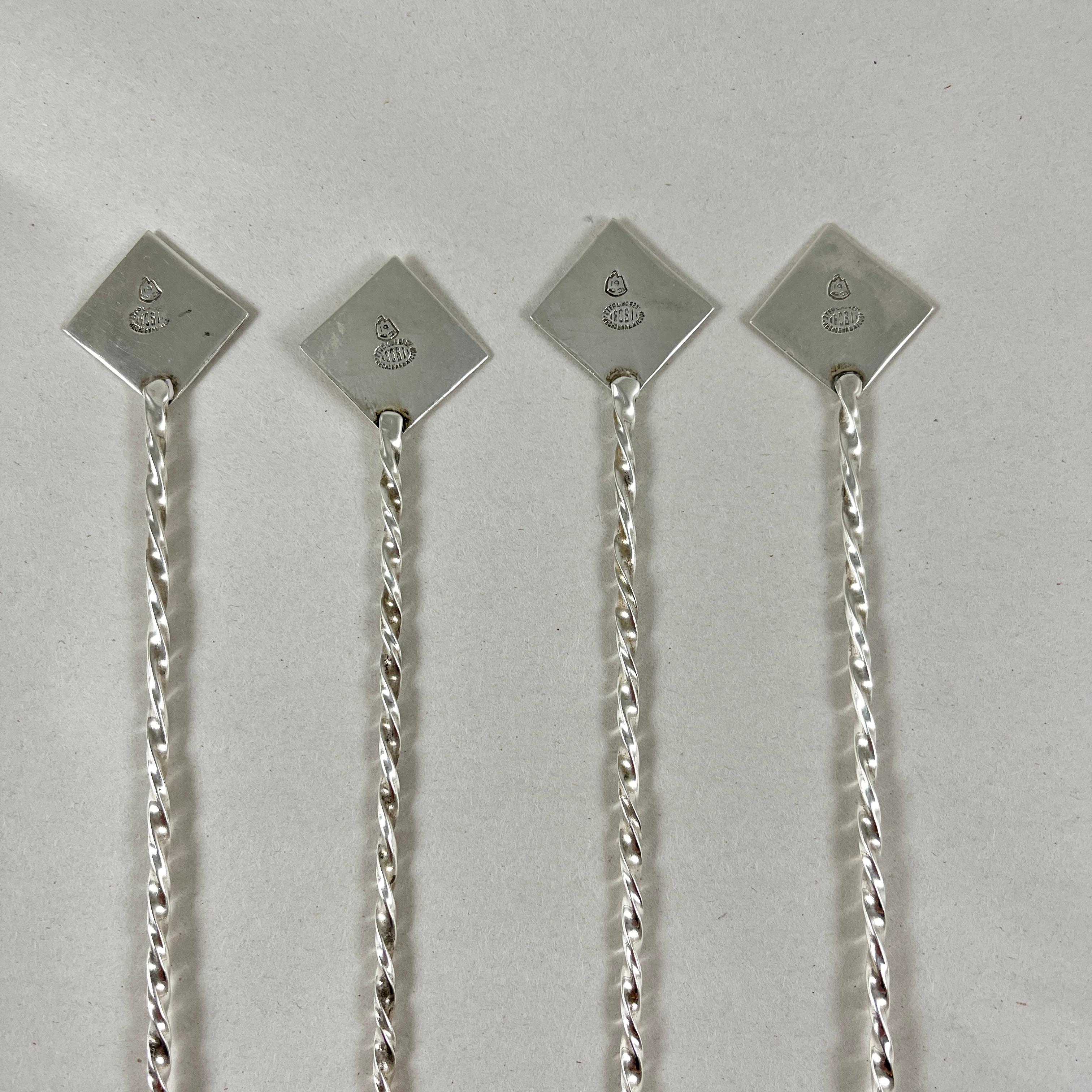 International Style 1950s Mexican Matador Sterling Silver Long Iced Tea Spoons, Set of Four