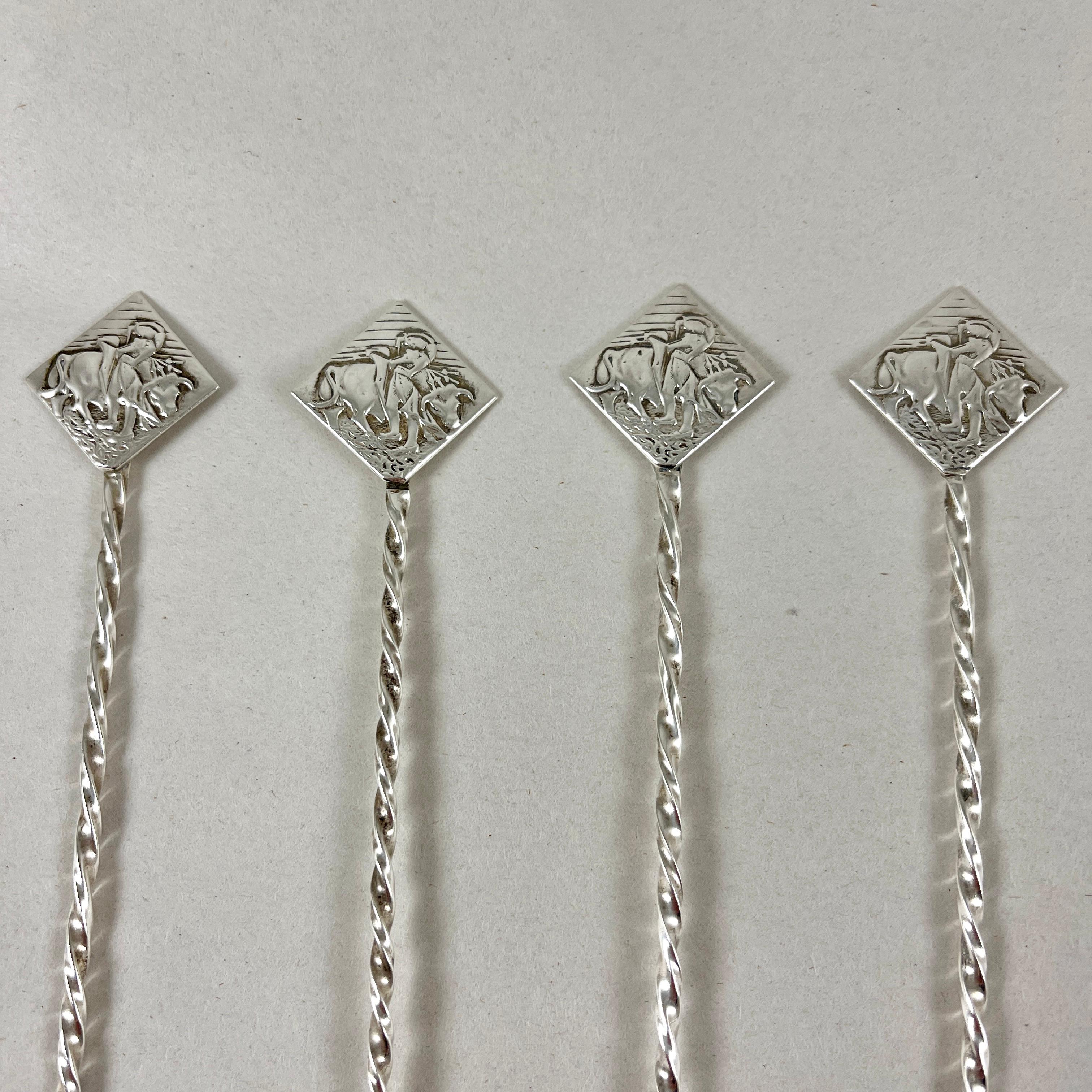 Hand-Crafted 1950s Mexican Matador Sterling Silver Long Iced Tea Spoons, Set of Four