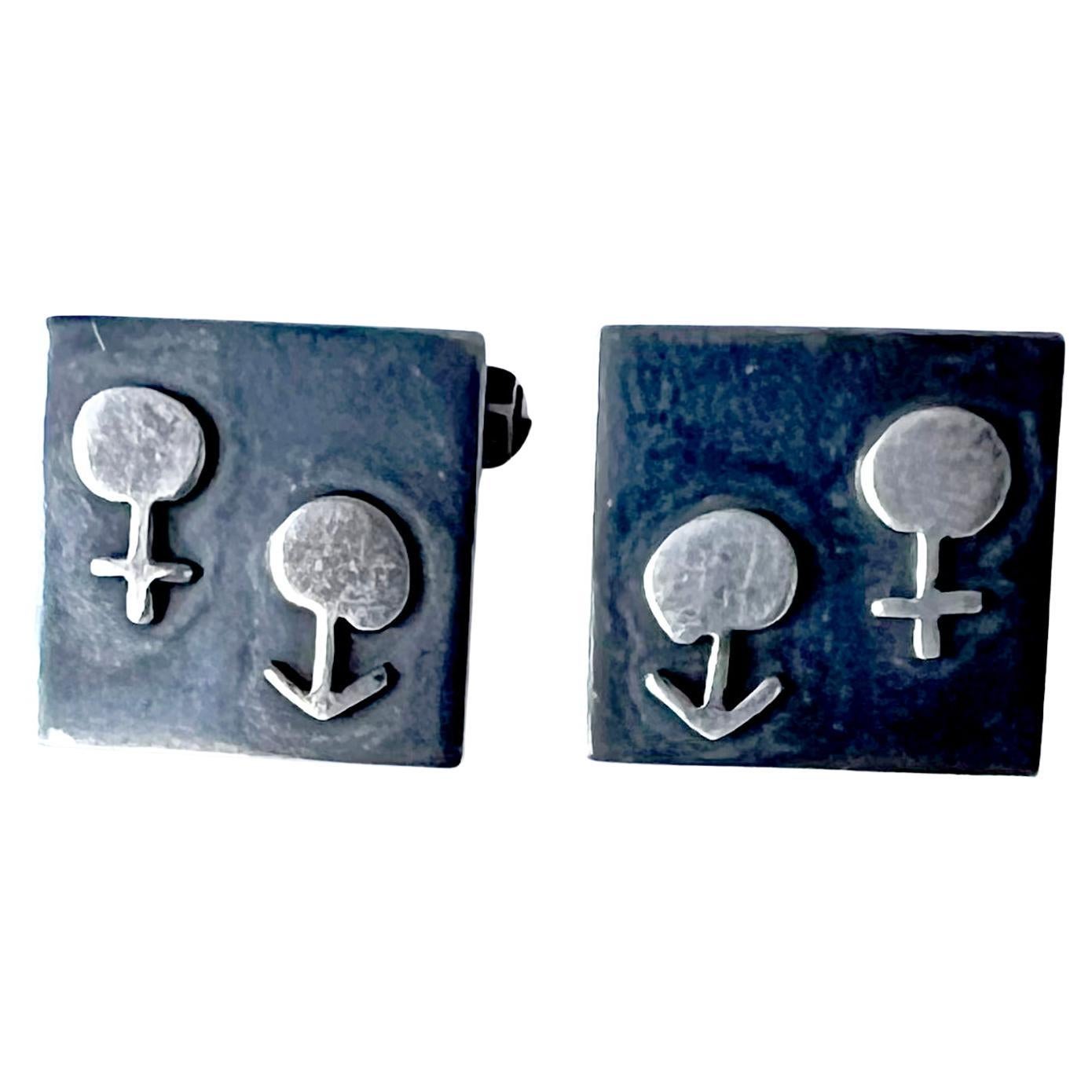 Women's or Men's 1950s Mexican Modernist Gender Symbol Sterling Silver Cufflinks For Sale