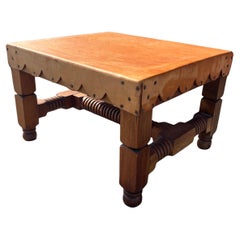1950's Mexican Modernist Low Stool in Leather & Walnut Rustic