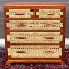 1950's Mexican Organic Modern Mahogany & Woven Seagrass Chest of Drawers