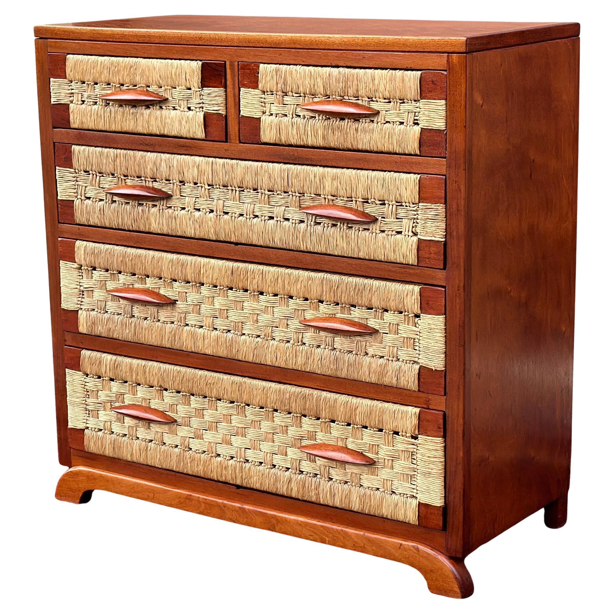 1950's Mexican Organic Modern Mahogany & Woven Seagrass Chest of Drawers im Angebot