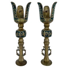 1950s Mexican Pepe Mendoza Brass Malachite Candlesticks Pair