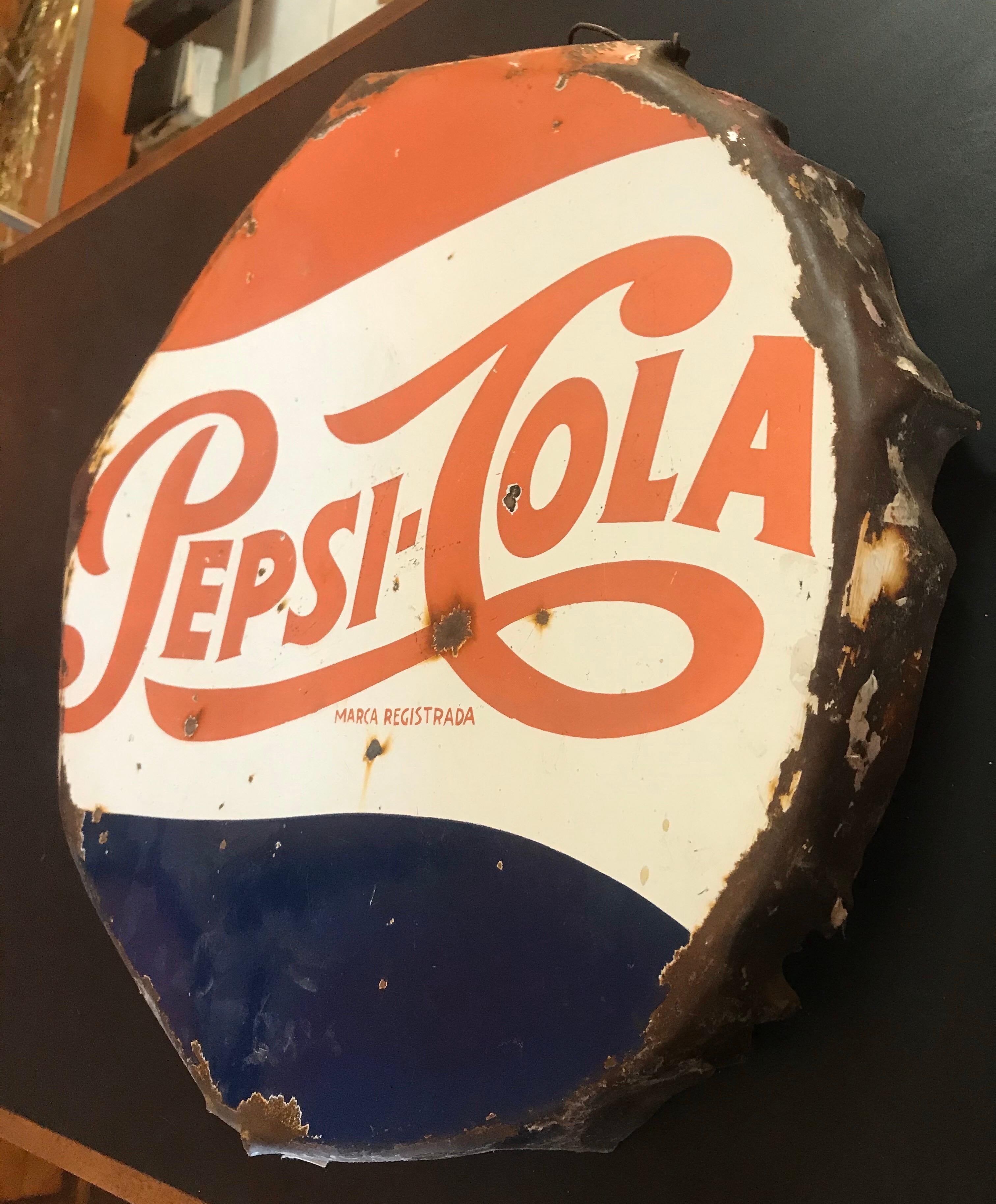 Sheet Metal Vintage 1950’s Mexican Pepsi Cola Porcelain Sign 