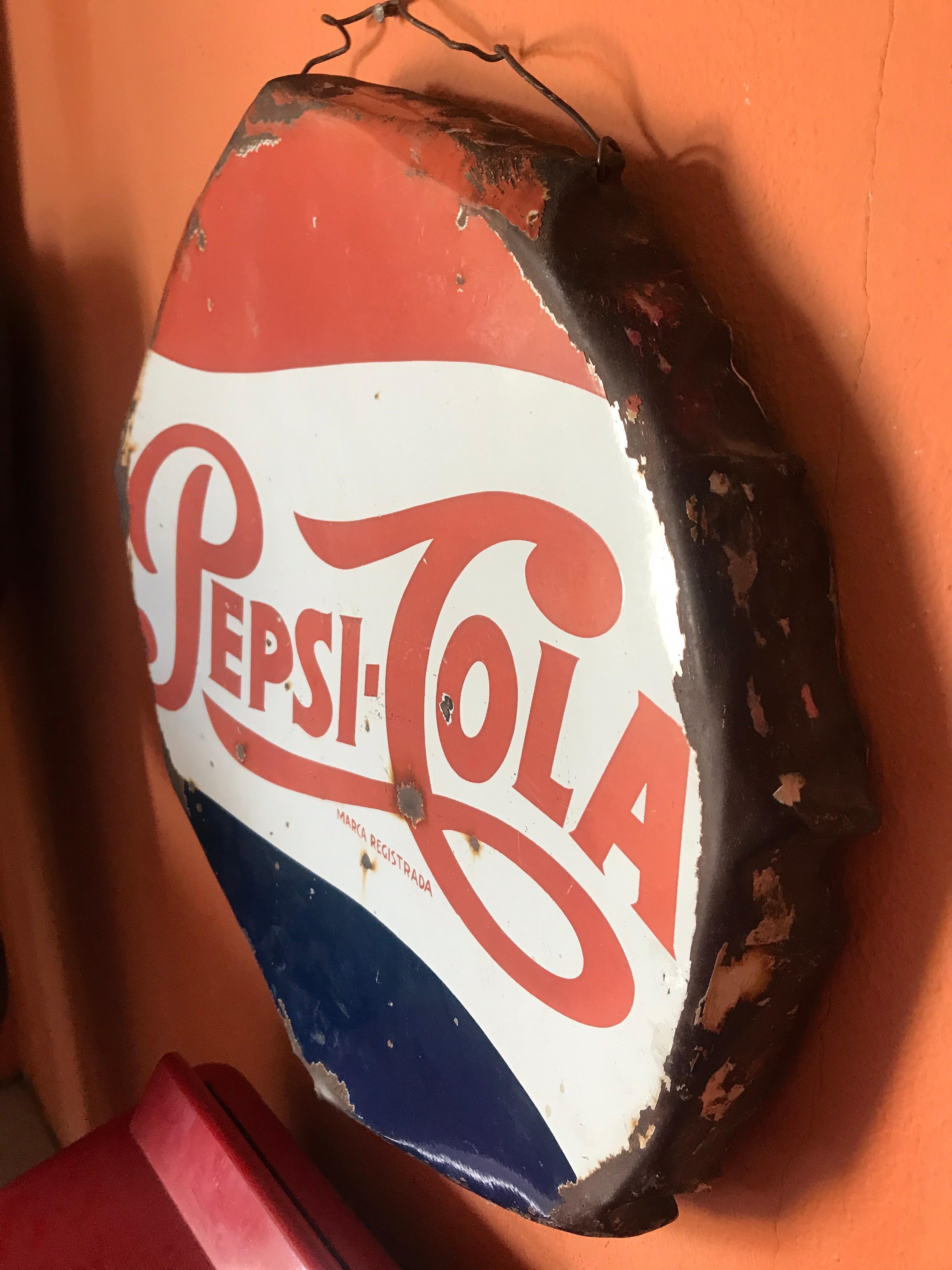 Mid-Century Modern Vintage 1950’s Mexican Pepsi Cola Porcelain Sign 