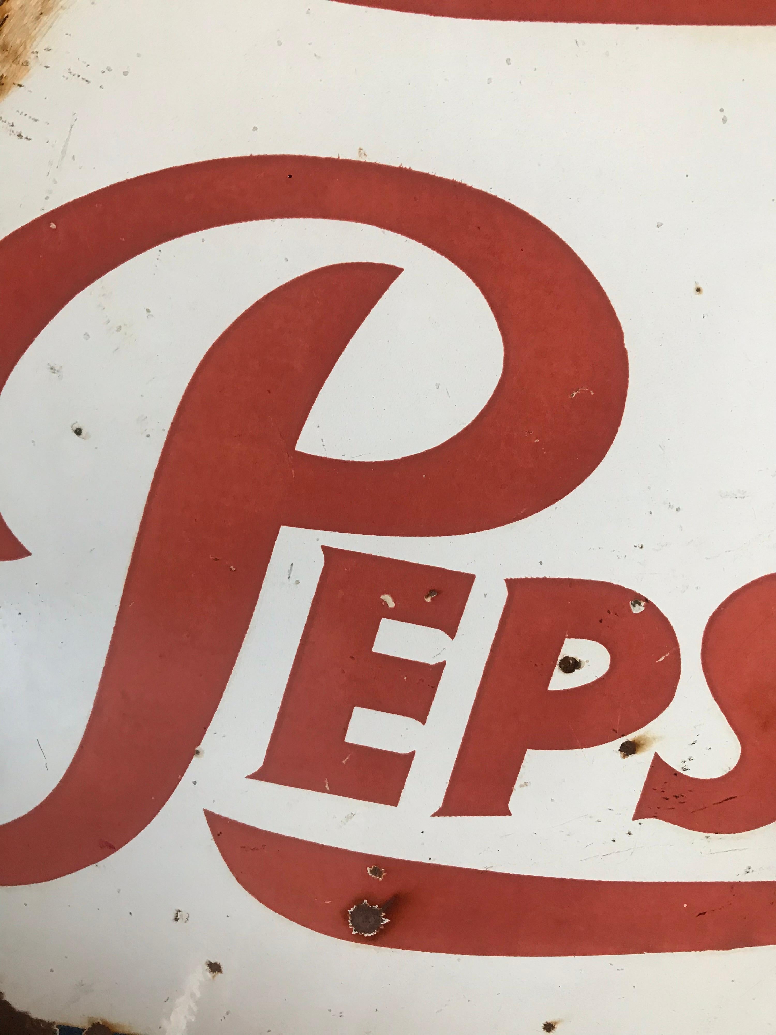 Vintage 1950’s Mexican Pepsi Cola Porcelain Sign  In Distressed Condition In San Diego, CA