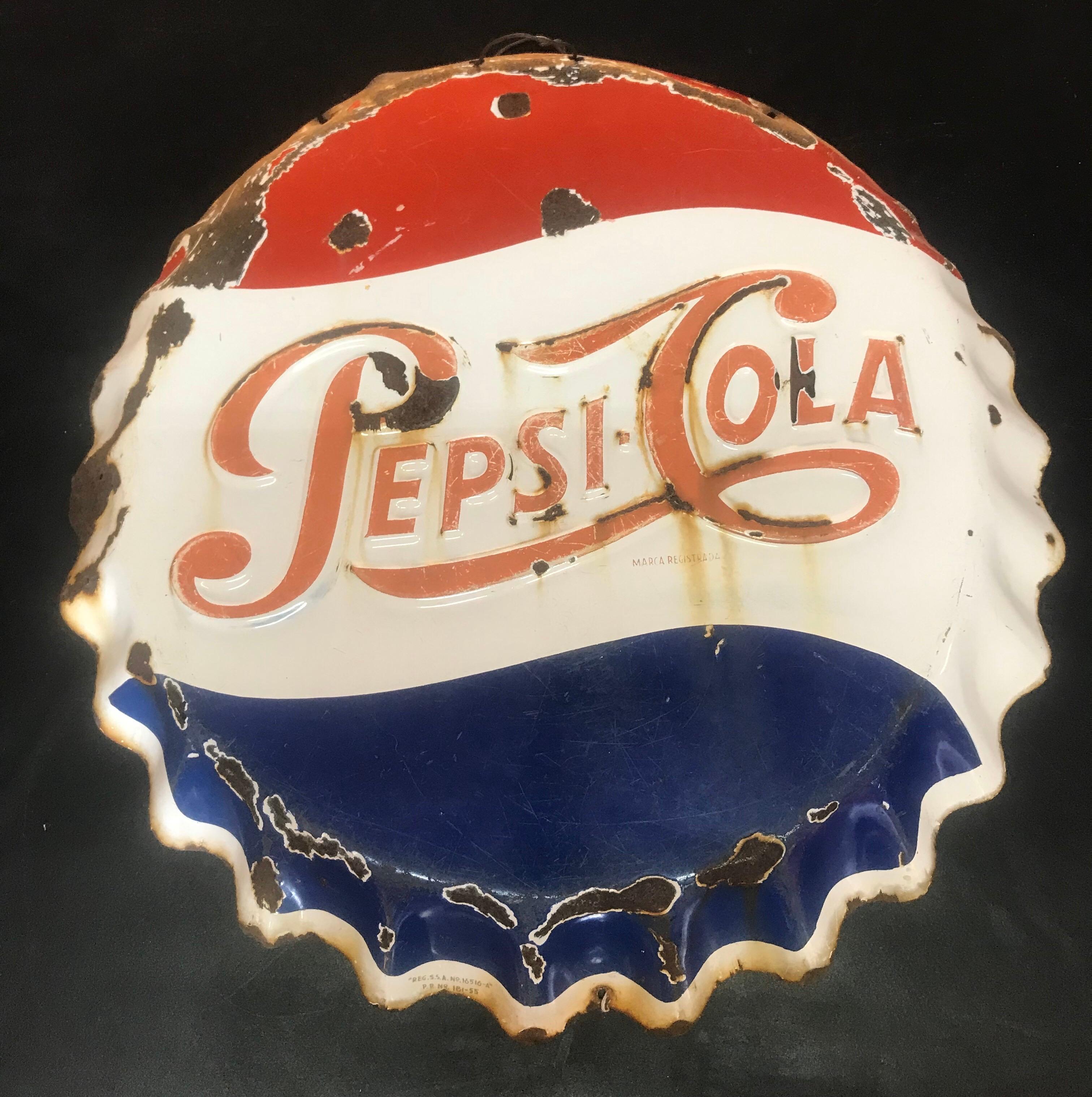 Rare 1950’s. Mexican Pepsi Cola Soda Pop Bottle Cap Gas Embossed Metal Sign