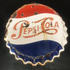 Vintage Mexican 1950’s Pepsi Cola Bottle Cap Embossed Metal Sign