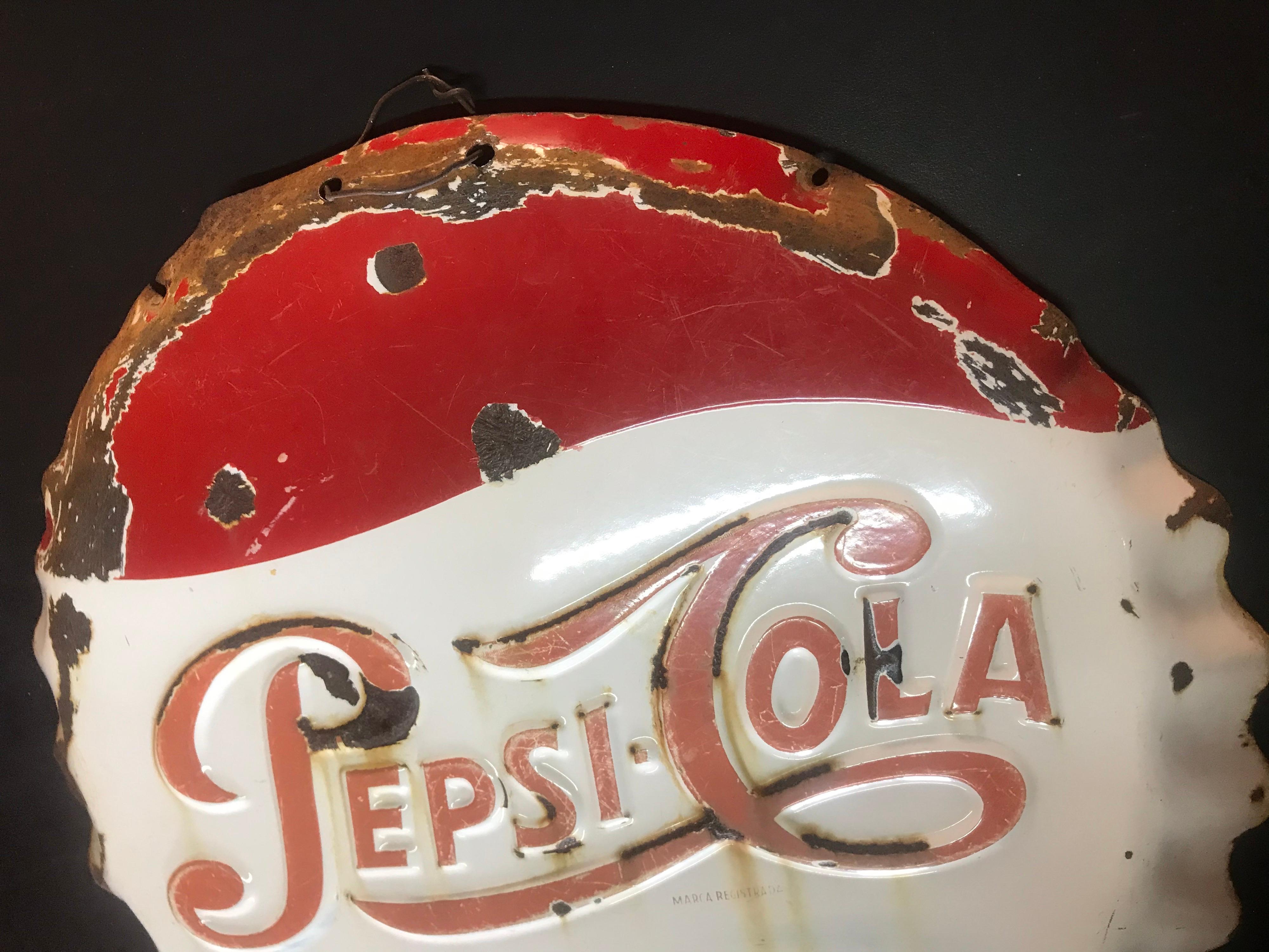 Mid-Century Modern Vintage Mexican 1950’s Pepsi Cola Bottle Cap Embossed Metal Sign For Sale