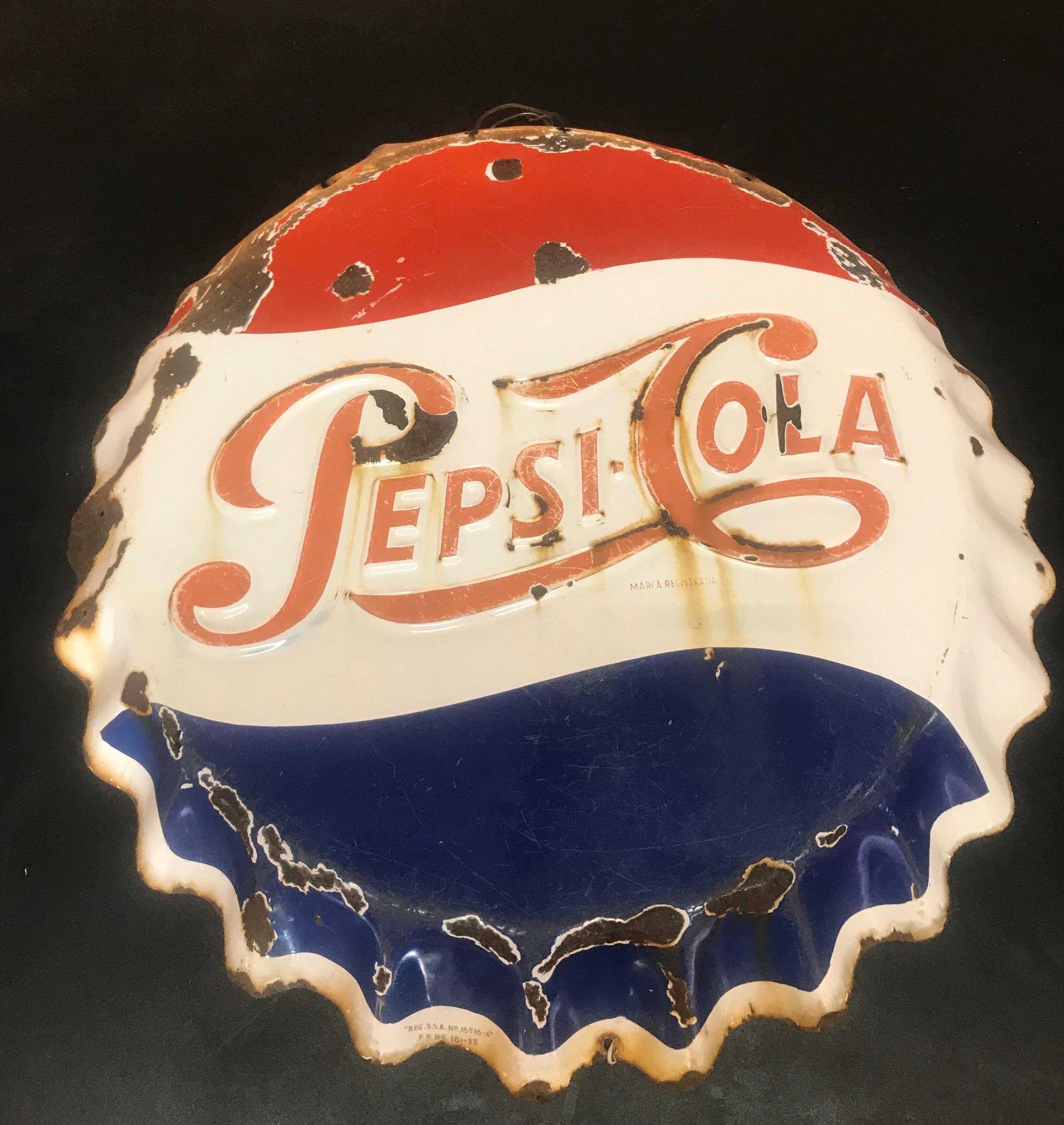 American Vintage Mexican 1950’s Pepsi Cola Bottle Cap Embossed Metal Sign For Sale