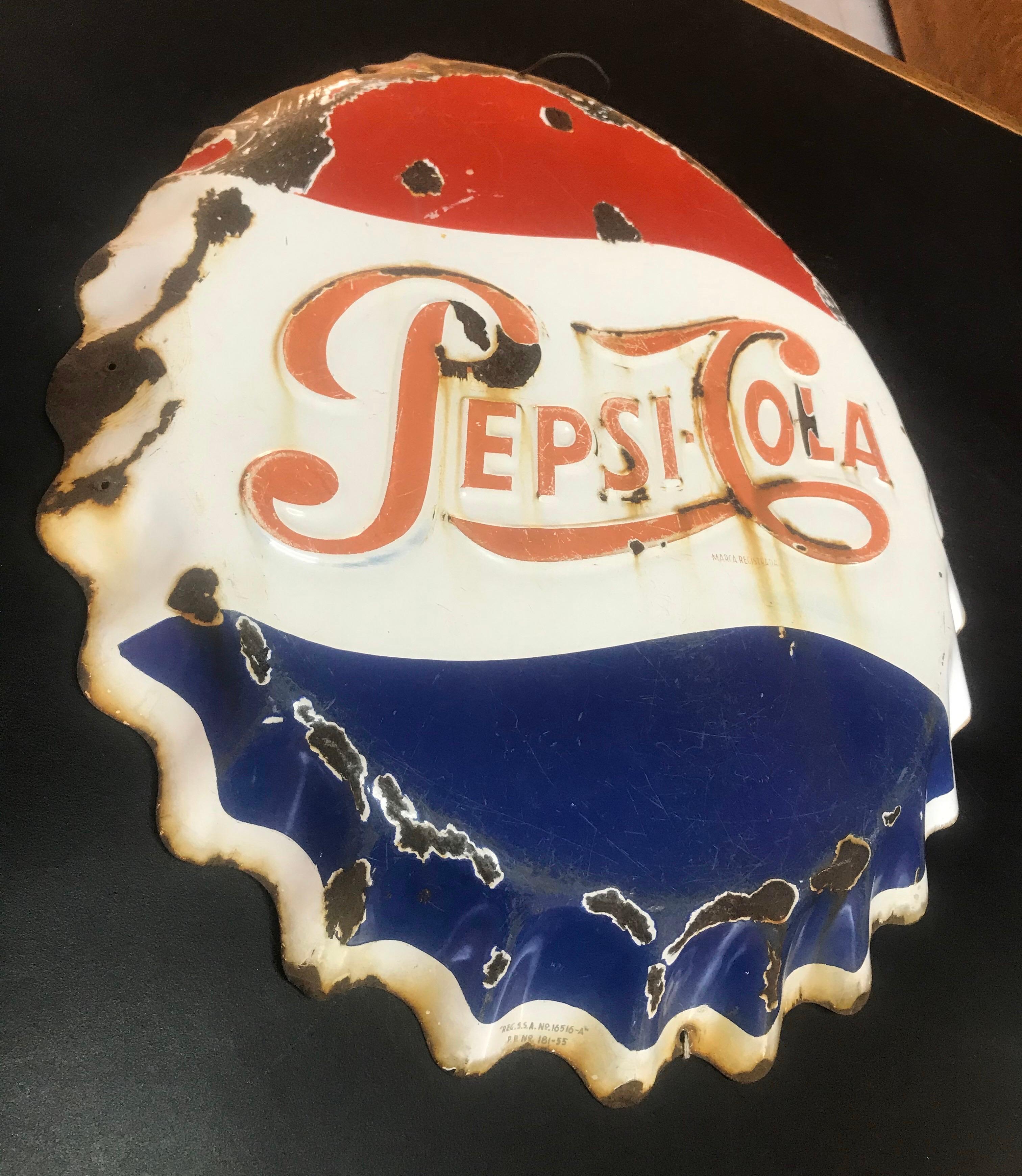 Vintage Mexican 1950’s Pepsi Cola Bottle Cap Embossed Metal Sign In Distressed Condition For Sale In San Diego, CA