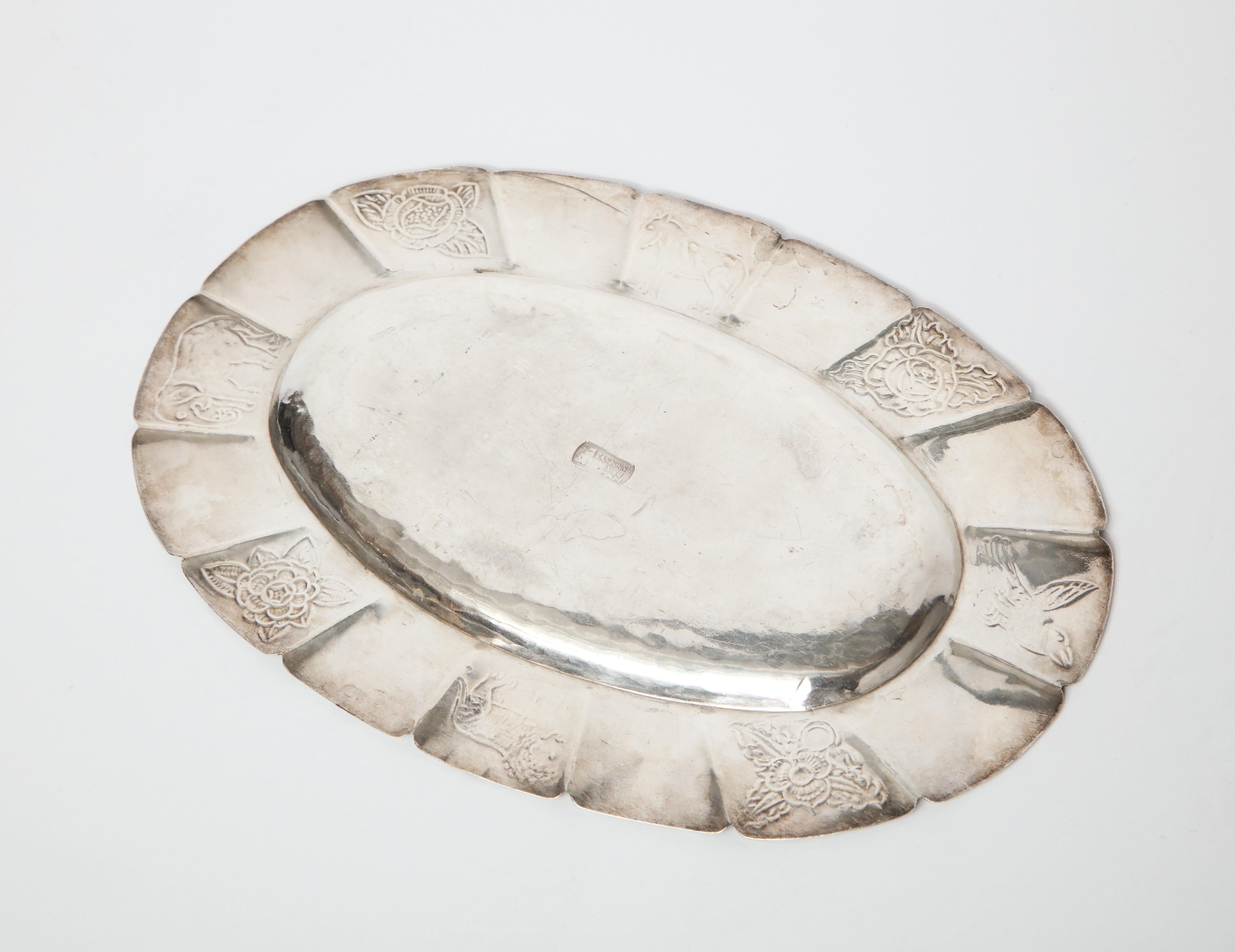 20th Century 1950s Mexican Sterling Oval Dish Hand-Engraved with Flora and Fauna