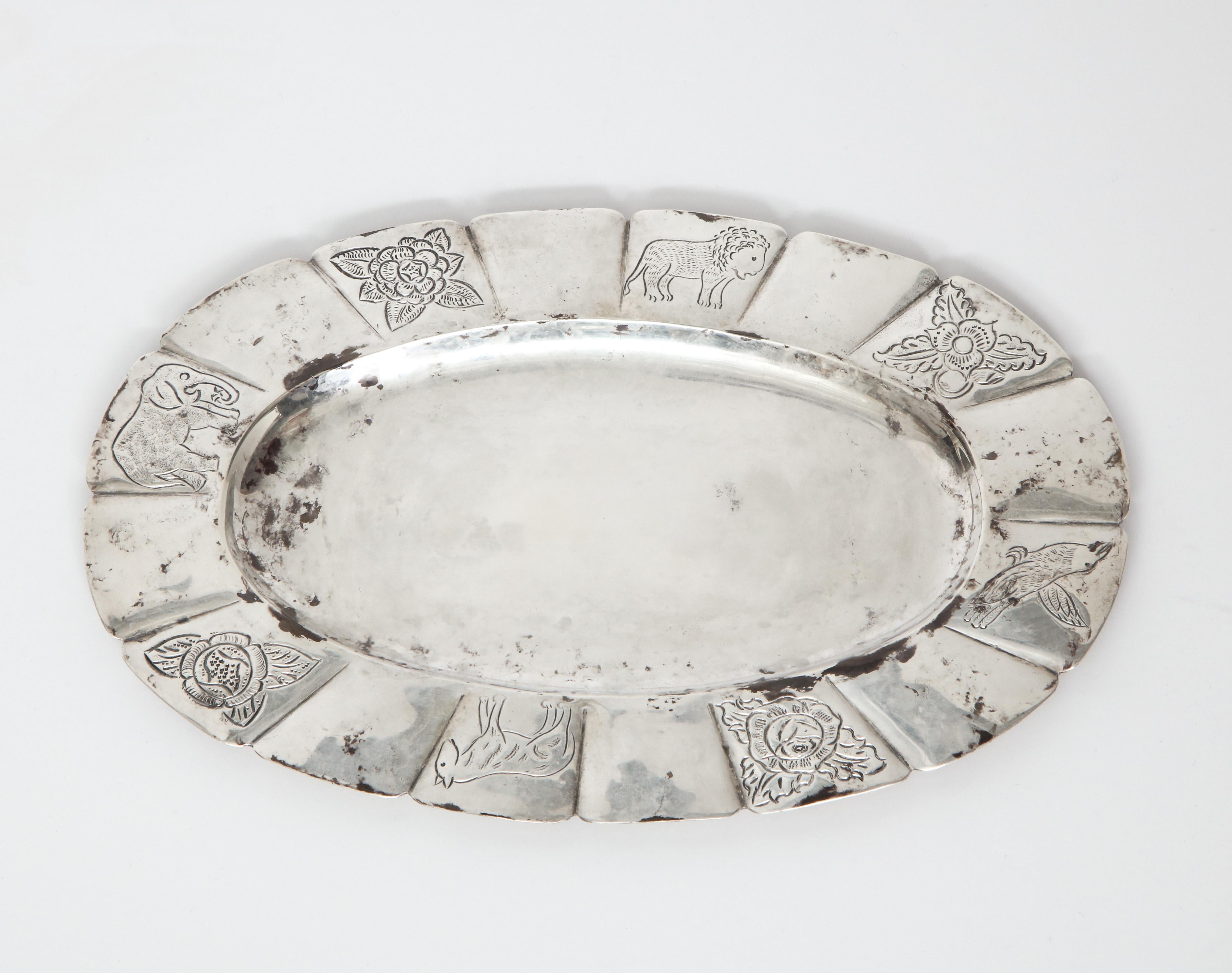 1950s Mexican Sterling Oval Dish Hand-Engraved with Flora and Fauna 1