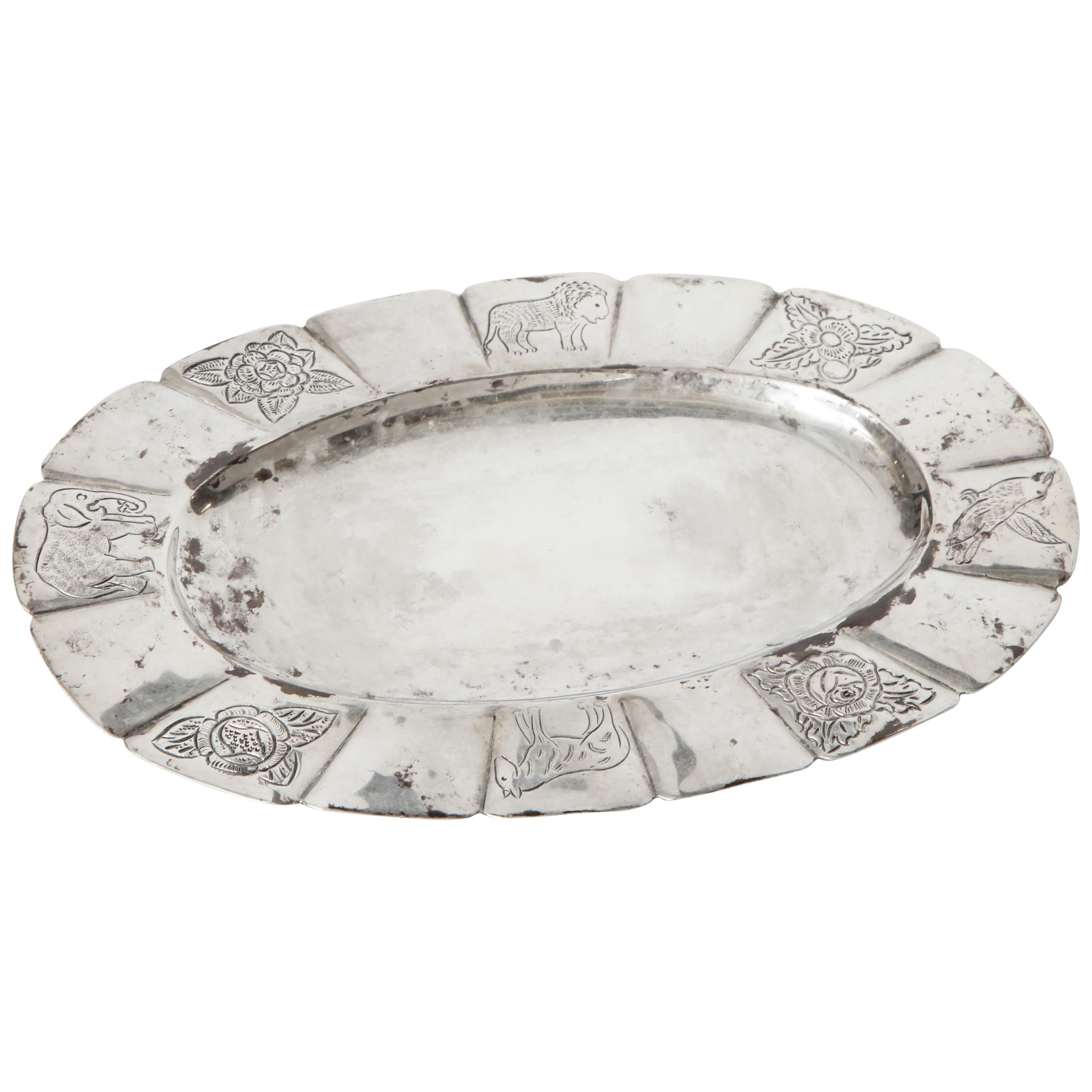 1950s Mexican Sterling Oval Dish Hand-Engraved with Flora and Fauna