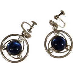 1950s Mexican Sterling Silver Screw-Back Earrings with Blue Glass Cabochons