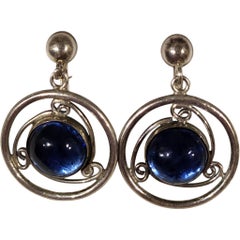 1950s Mexican Sterling Silver Screw-Back Earrings with Blue Glass Cabochons