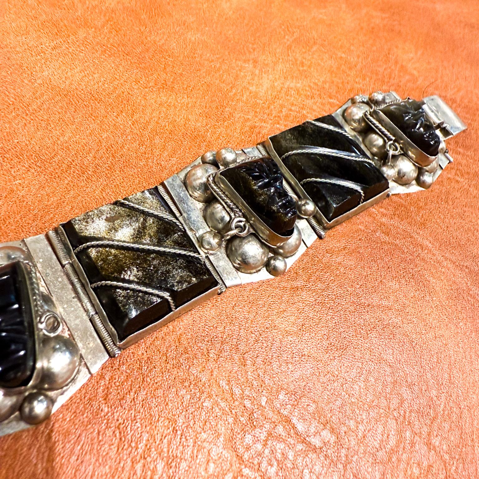 1950s Taxco Onyx Sterling Silver Link Bracelet Mexico For Sale 8