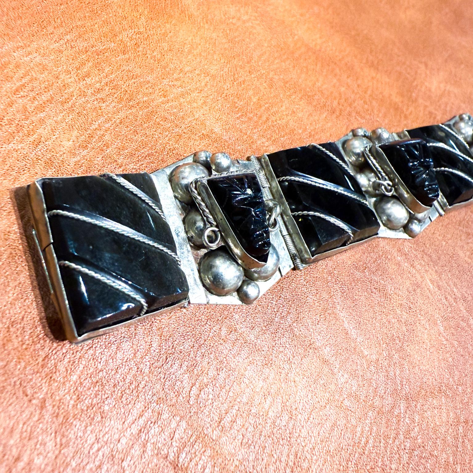 1950s Taxco Onyx Sterling Silver Link Bracelet Mexico For Sale 9