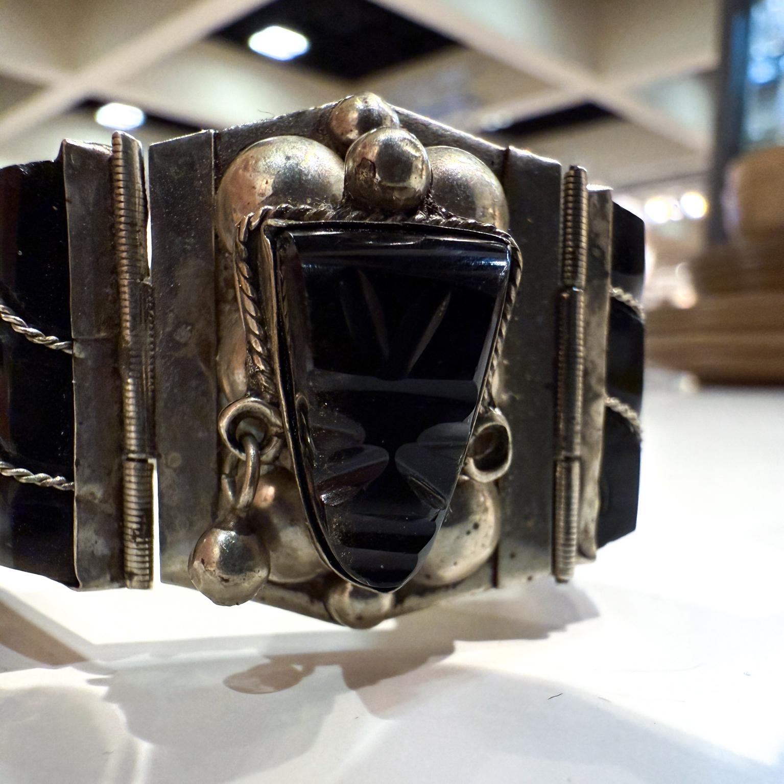 1950s Taxco Onyx Sterling Silver Link Bracelet Mexico For Sale 3