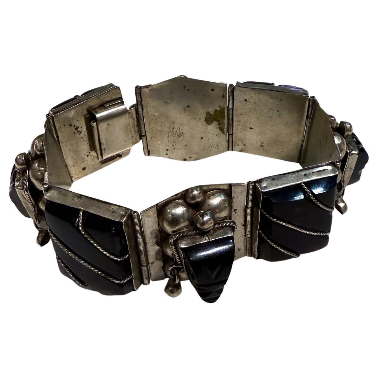 1950er Taxco Onyx Sterlingsilber Gliederarmband Mexiko