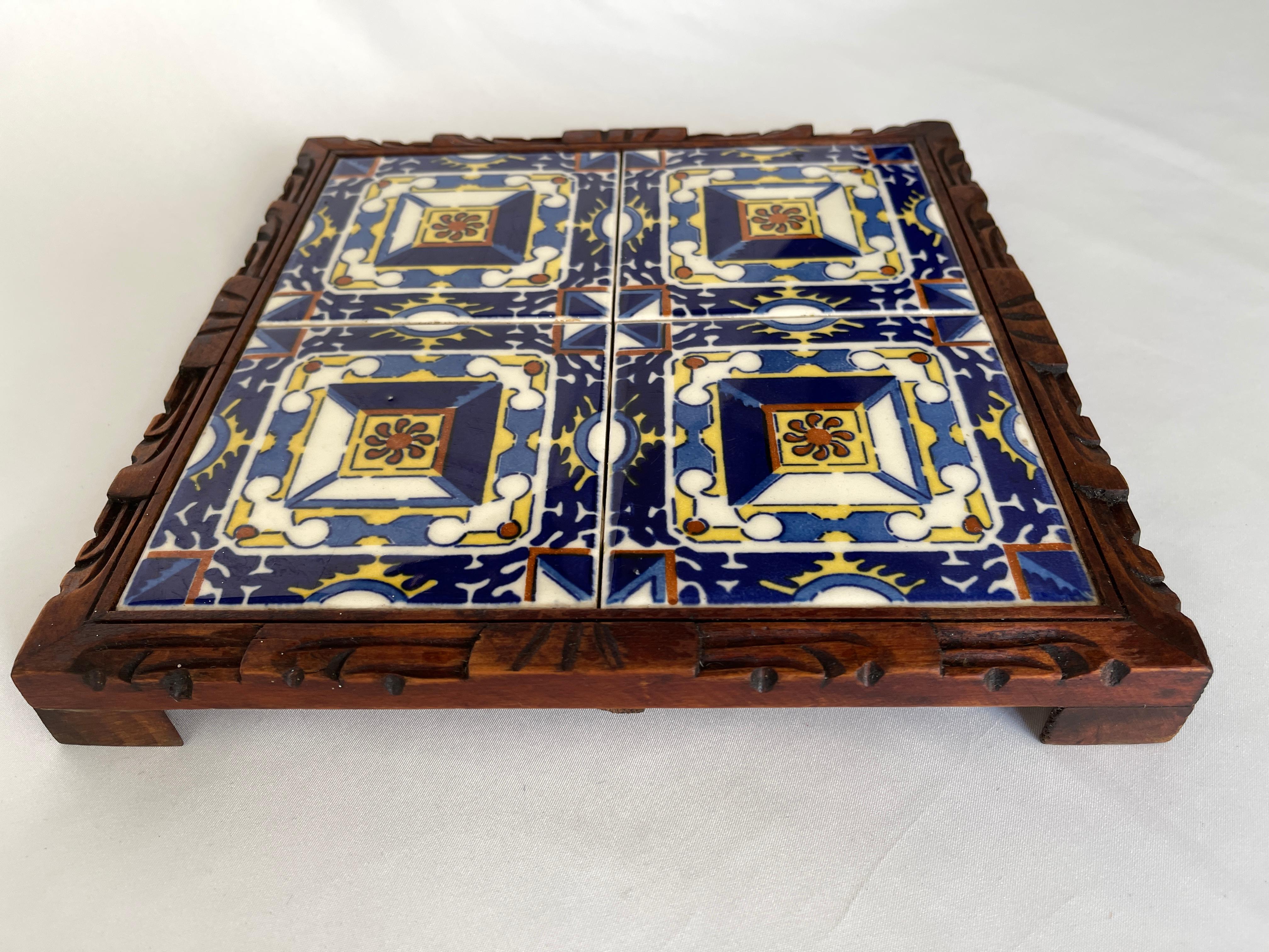 1950's Mexican Tile Trivet With Hand Carved Wood Frame Base In Good Condition For Sale In New York, NY