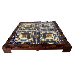 1950's Mexican Tile Trivet With Hand Carved Wood Frame Base