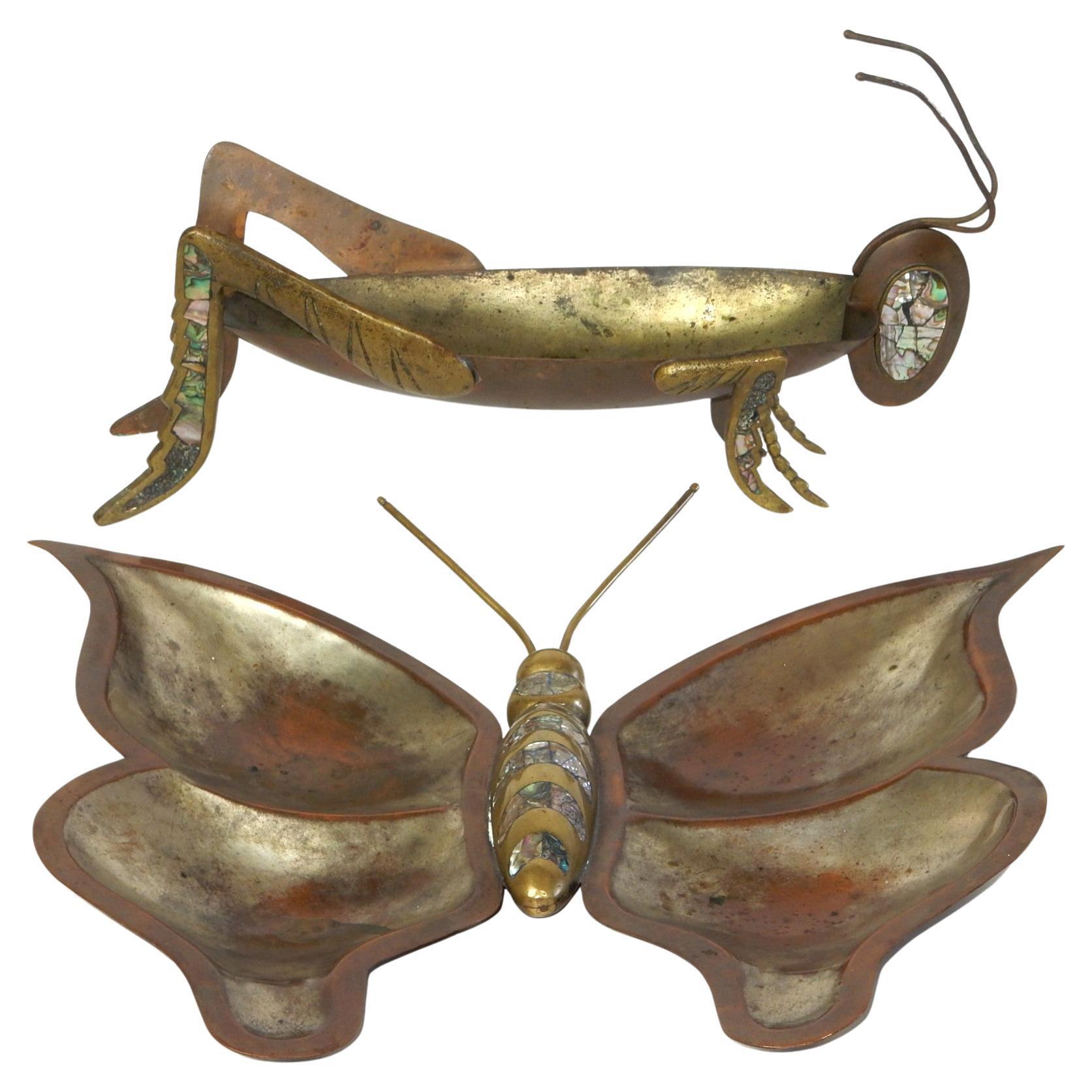 Art Deco 1950's Mexico Brass, Copper & Abalone Sculpture Serving Pieces Bowl Los Castillo For Sale