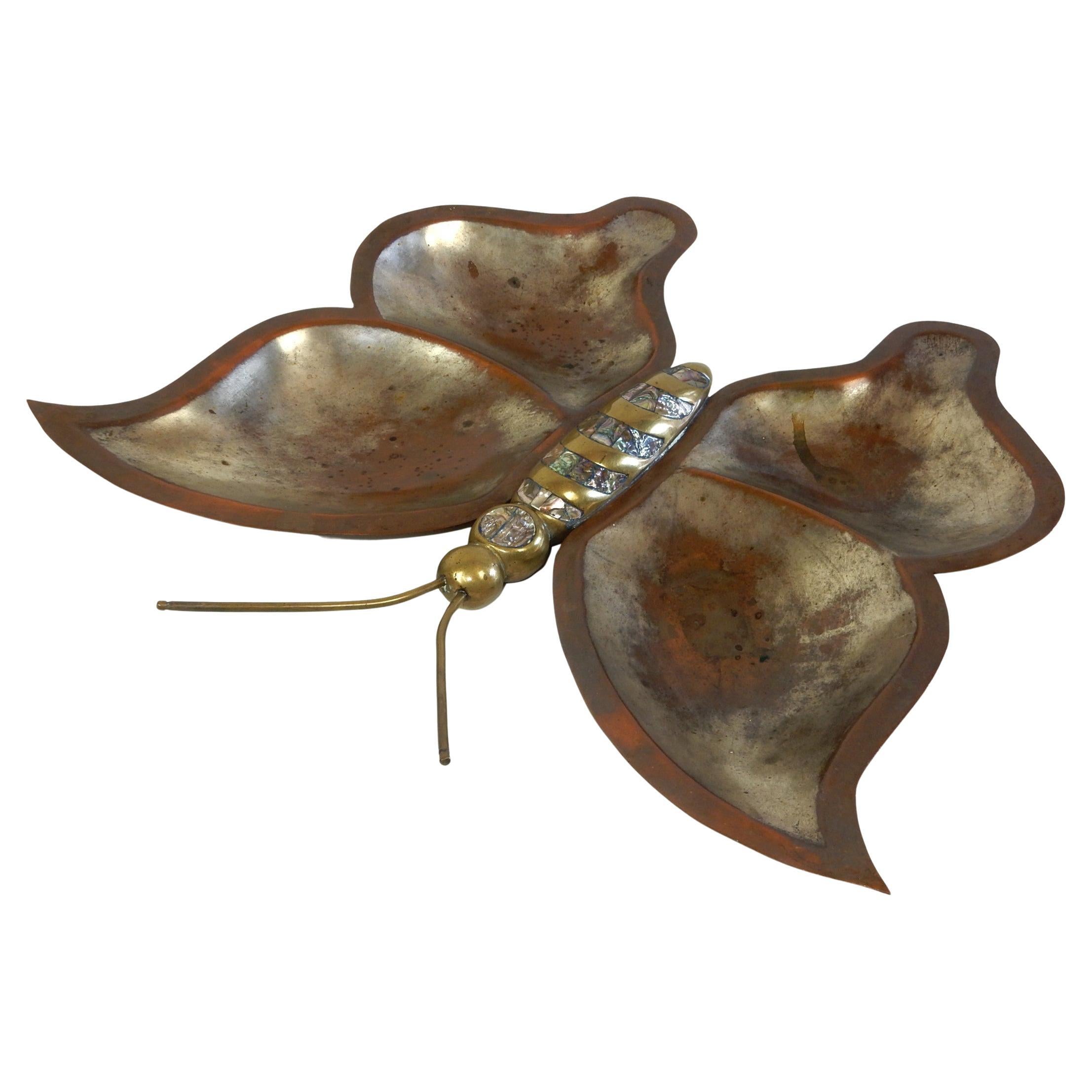 20th Century 1950's Mexico Brass, Copper & Abalone Sculpture Serving Pieces Bowl Los Castillo For Sale