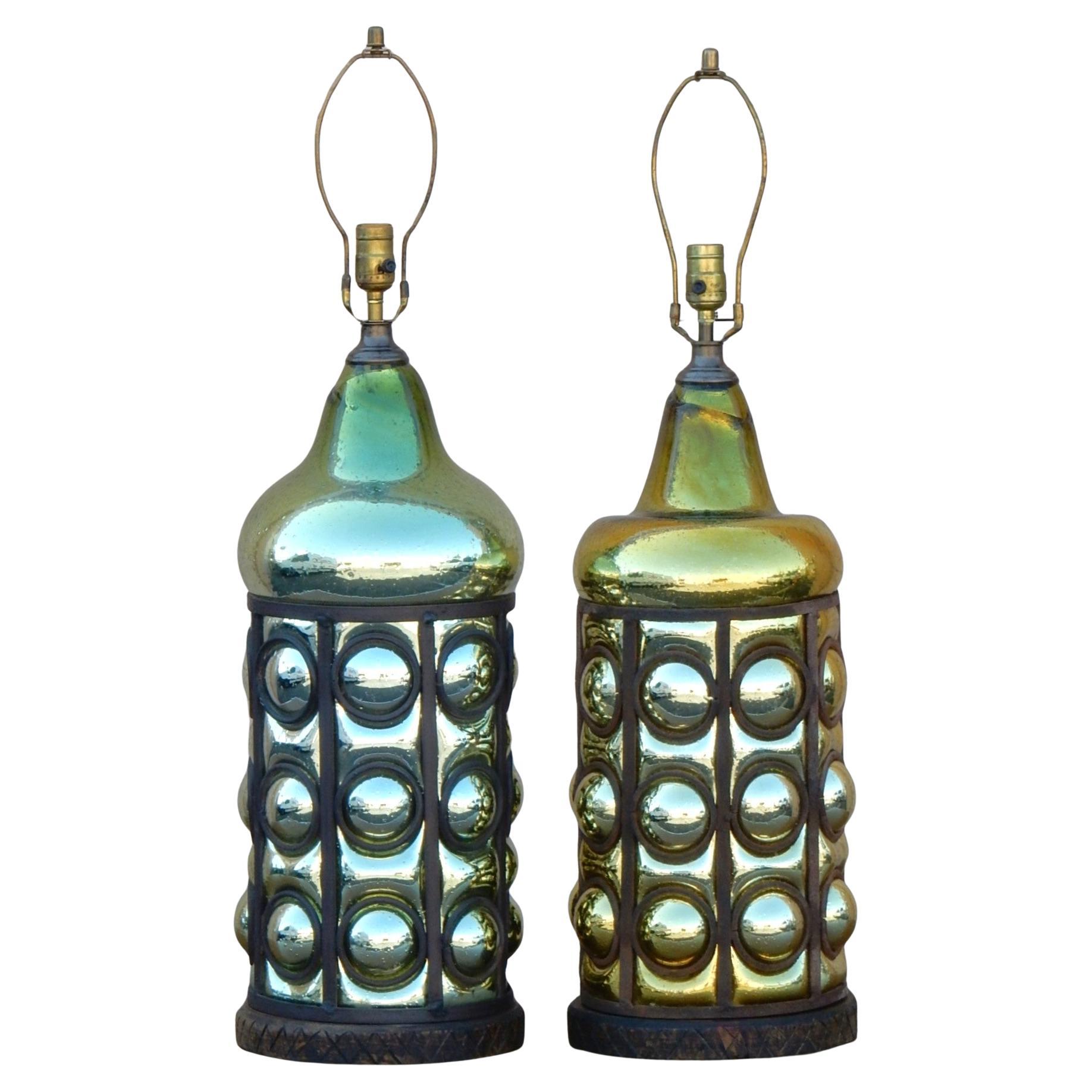 1950's Mexico Folk Art Caged Mercury Glass Lamps