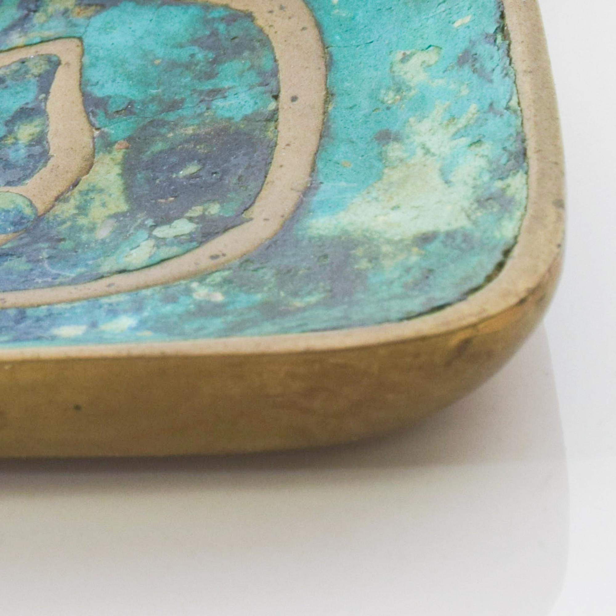 Mid-Century Modern 1950s Mexico Pepe Mendoza Art Vibrant Aqua Dish Turquoise Tray Malachite & Brass