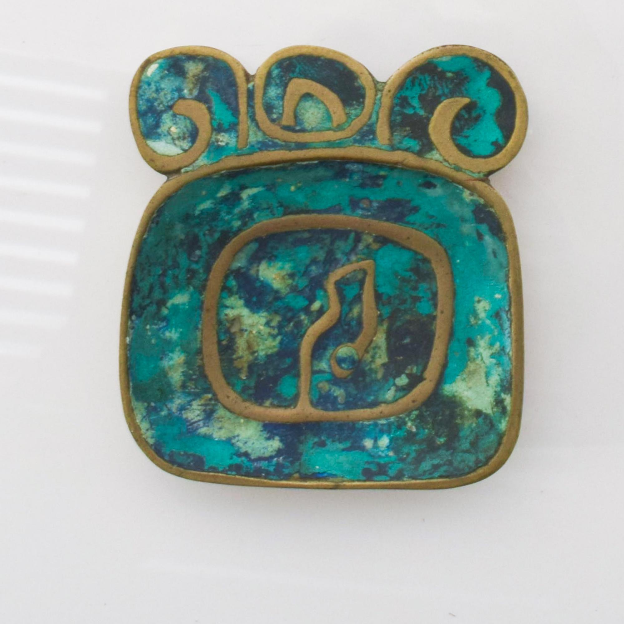 Mexican 1950s Mexico Pepe Mendoza Art Vibrant Aqua Dish Turquoise Tray Malachite & Brass
