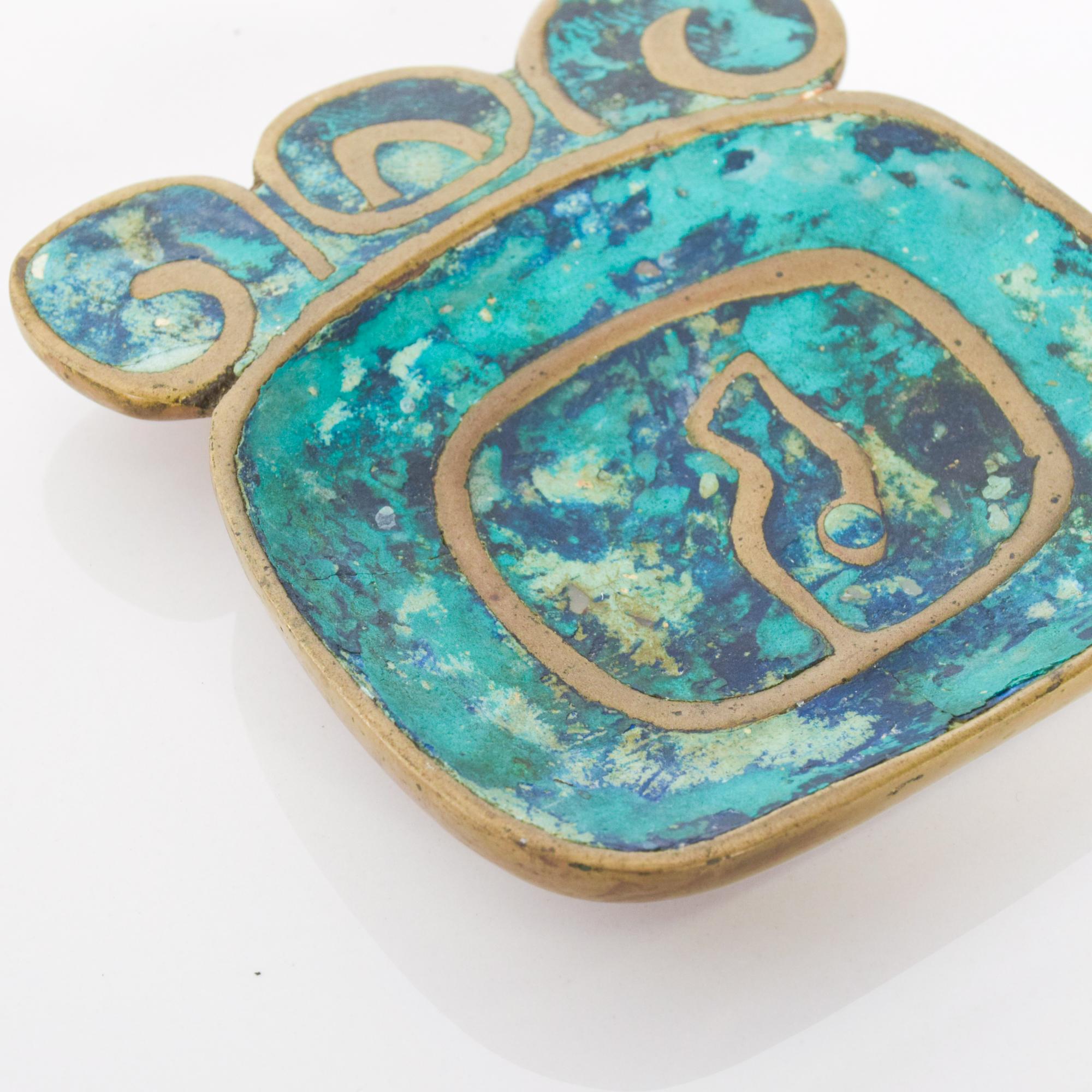 1950s Mexico Pepe Mendoza Art Vibrant Aqua Dish Turquoise Tray Malachite & Brass 1