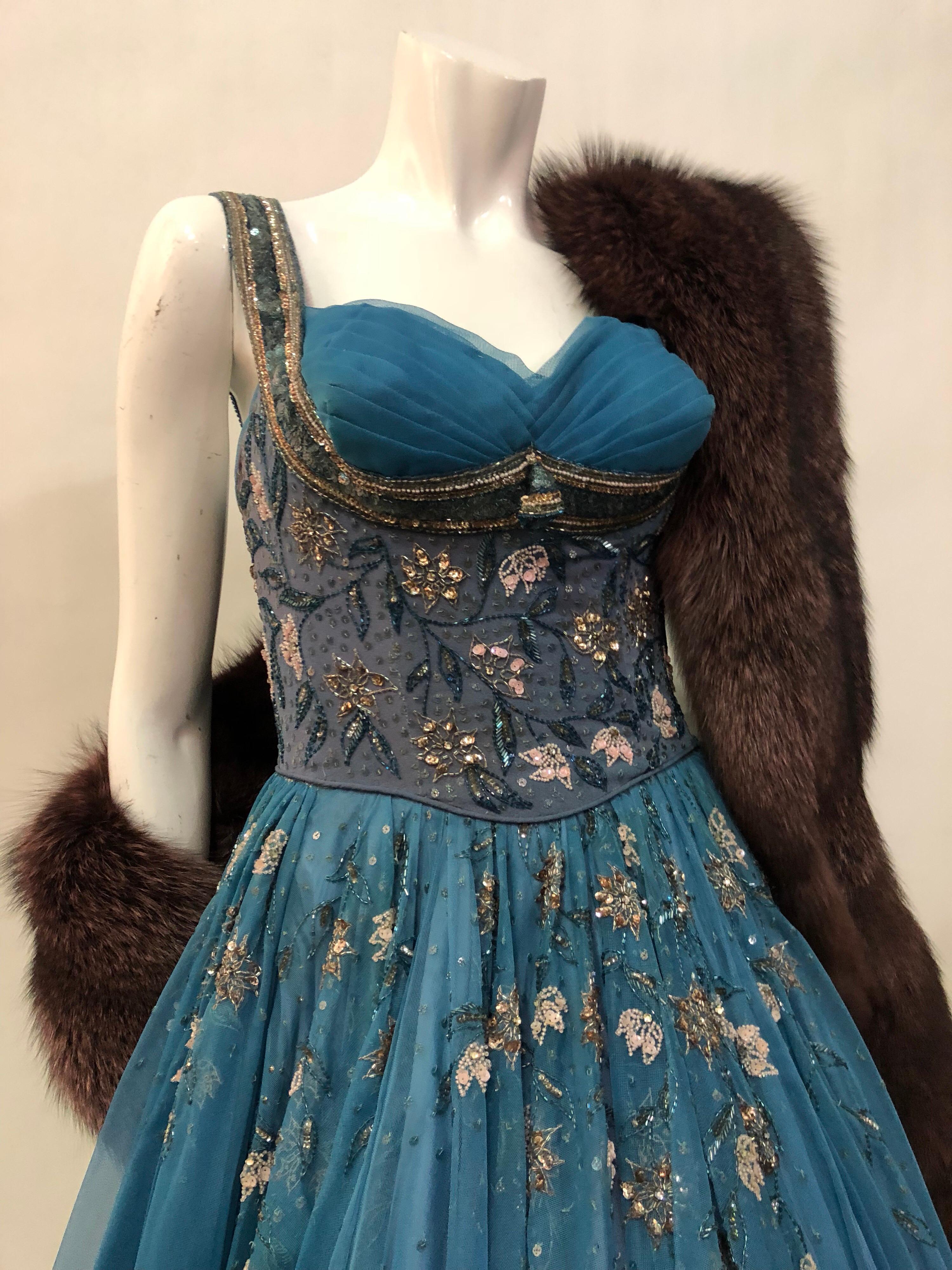 1950s MGM Mme. Etoile by Irene Sharaff Couture Ball Gown in Deep Teal Silk For Sale 2