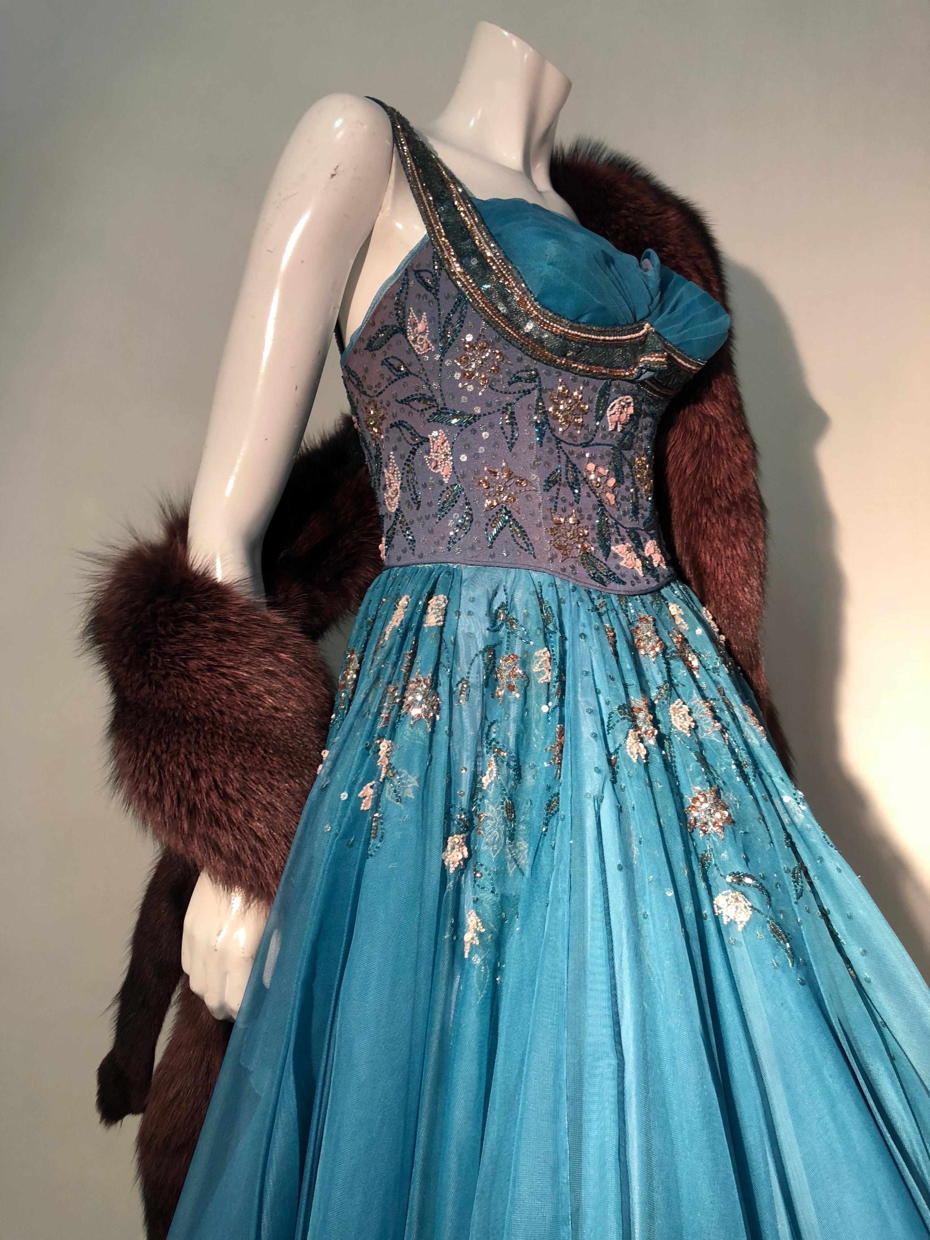 1950s MGM Mme. Etoile by Irene Sharaff Couture Ball Gown in Deep Teal Silk For Sale 3