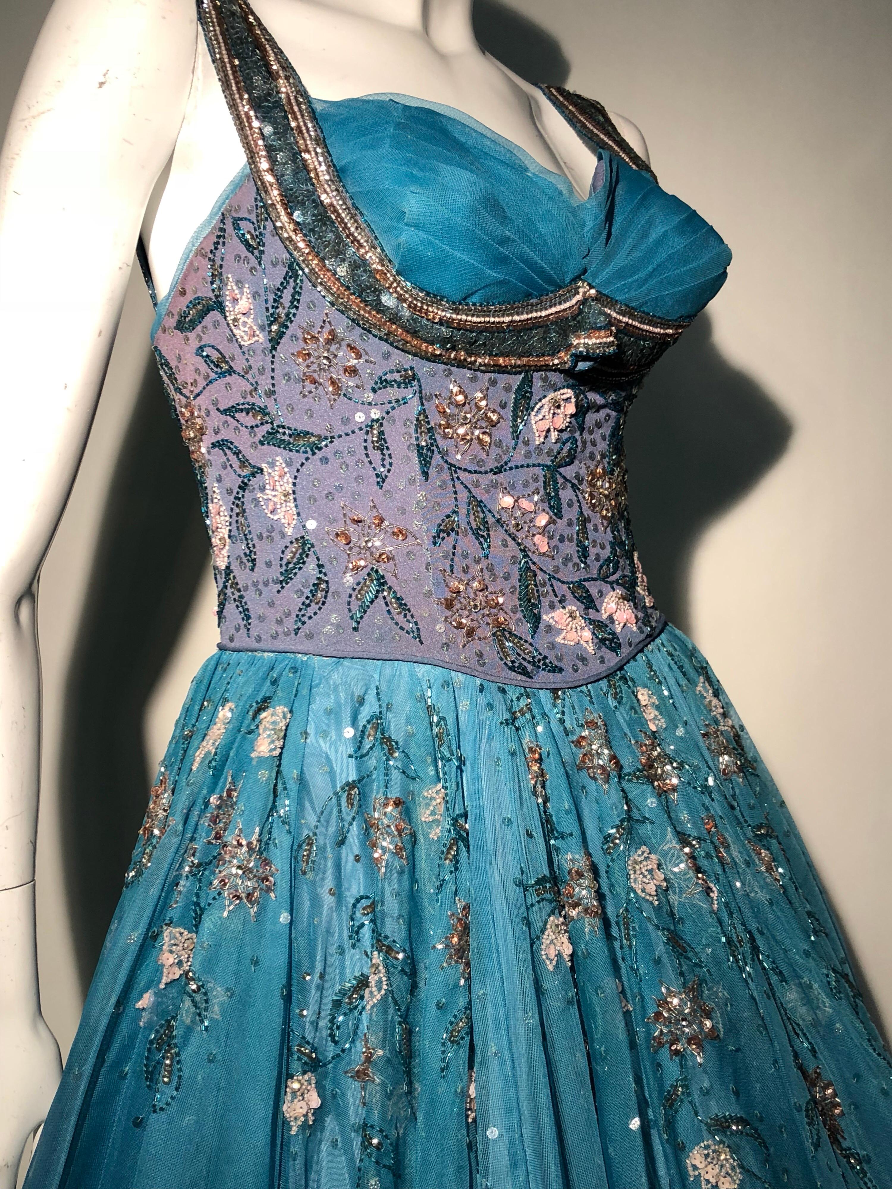 MGM Mme des années 1950. Etoile par Irene Sharaff - Robe de bal haute couture en soie sarcelle profonde en vente 11
