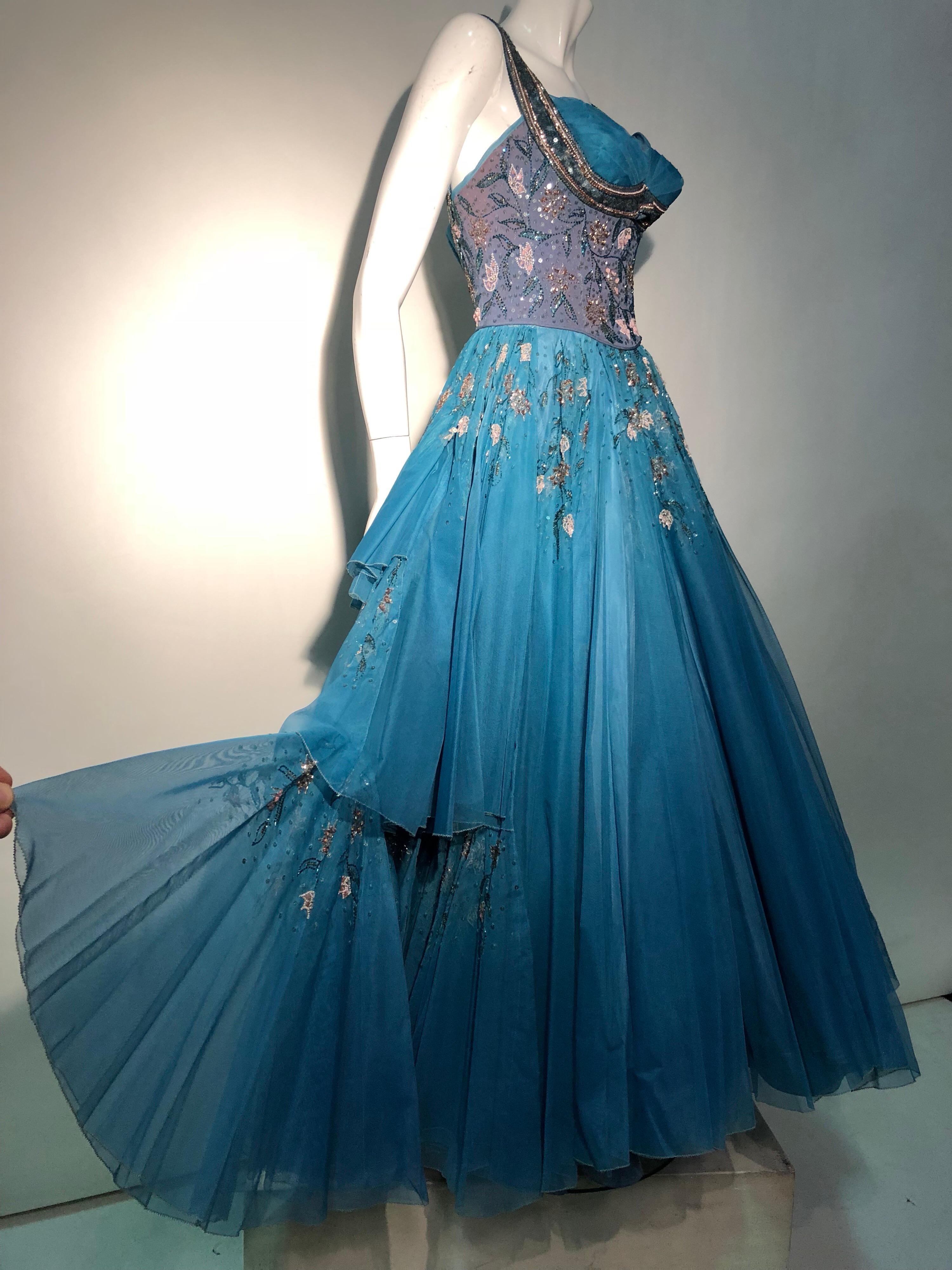 Blue 1950s MGM Mme. Etoile by Irene Sharaff Couture Ball Gown in Deep Teal Silk For Sale