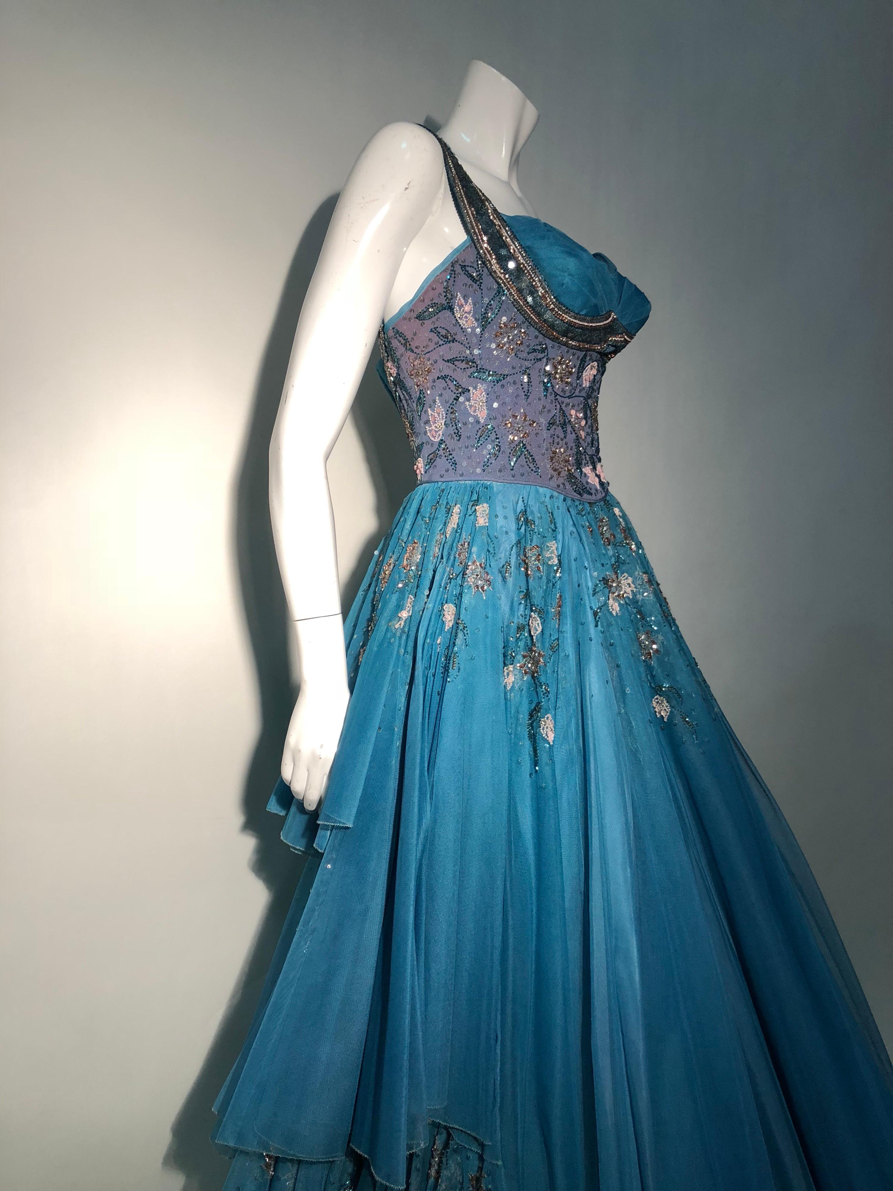 1950s MGM Mme. Etoile by Irene Sharaff Couture Ball Gown in Deep Teal Silk In Excellent Condition For Sale In Gresham, OR